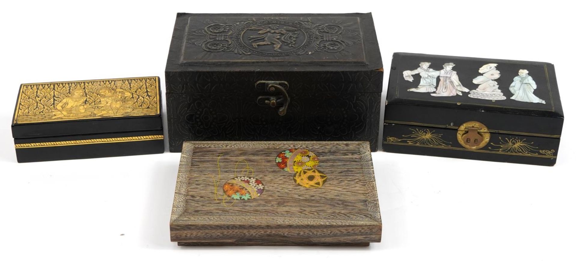 Four wooden boxes including a Chinese black lacquered and mother of pearl example, the largest