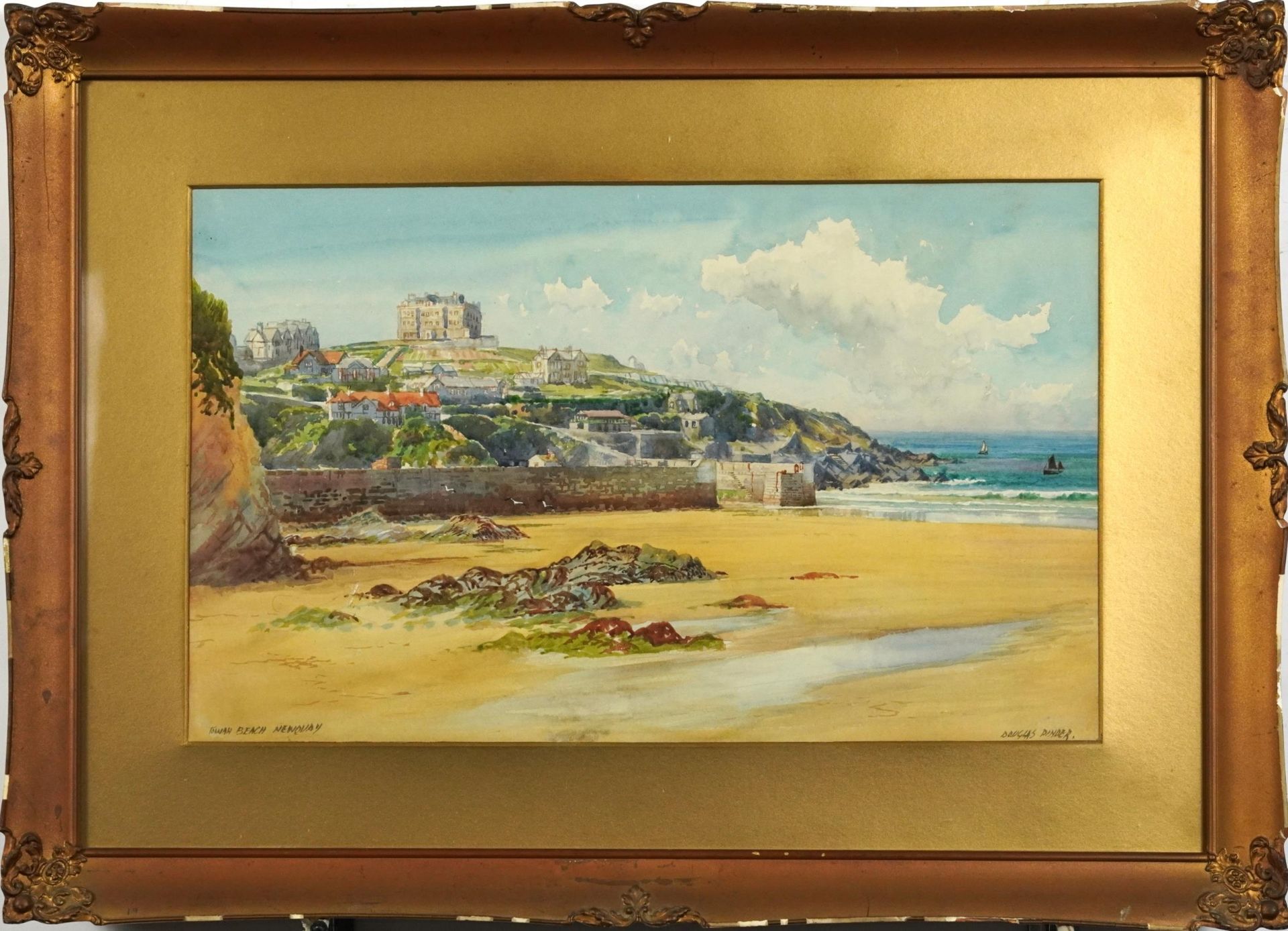 Douglas Pinder - Towan Beach, Newquay, Cornish watercolour, F E Williams & Co label verso, - Image 2 of 6