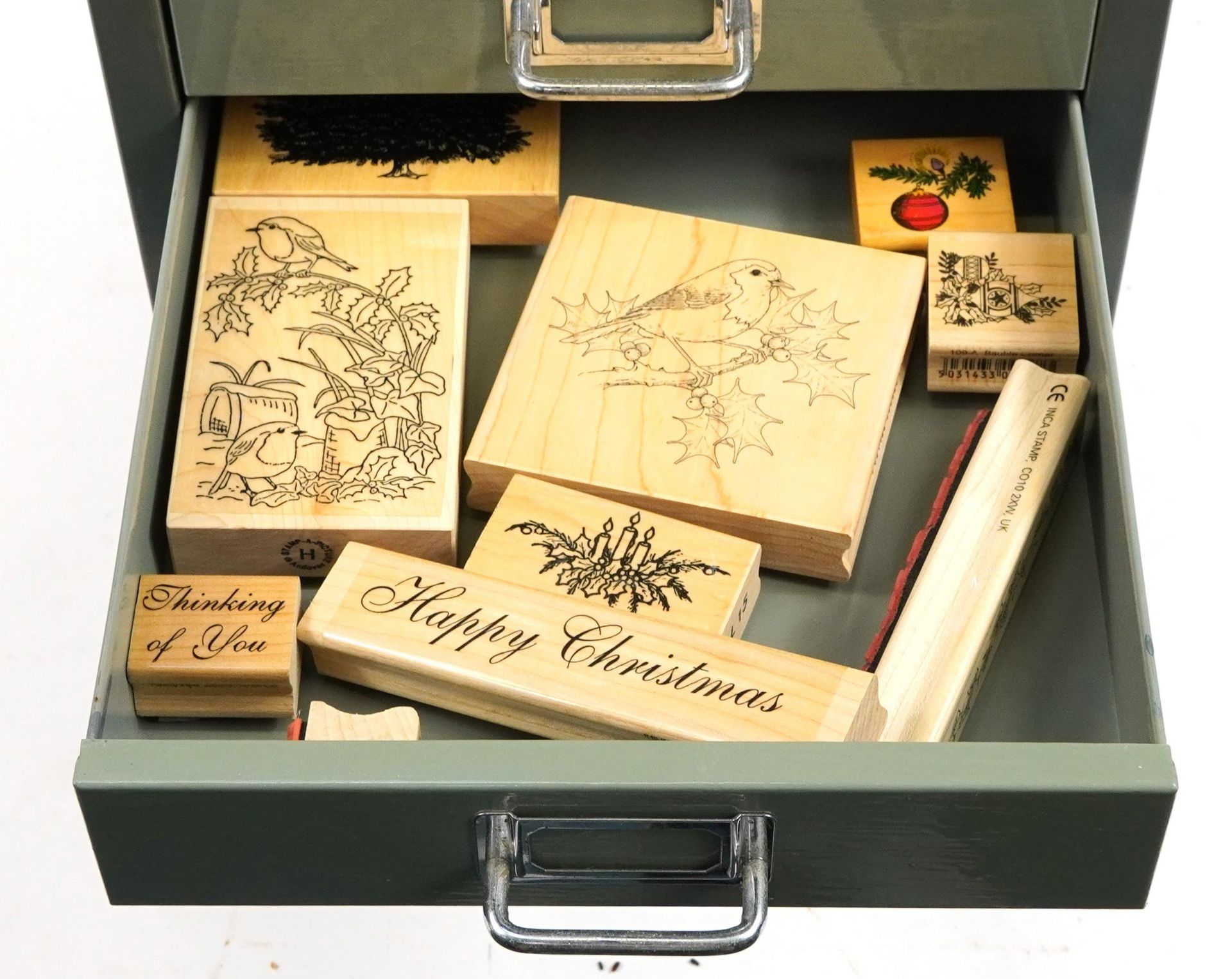 Large collection of wooden printing blocks and ink stamps housed in a Bisley ten drawer filing - Image 10 of 13