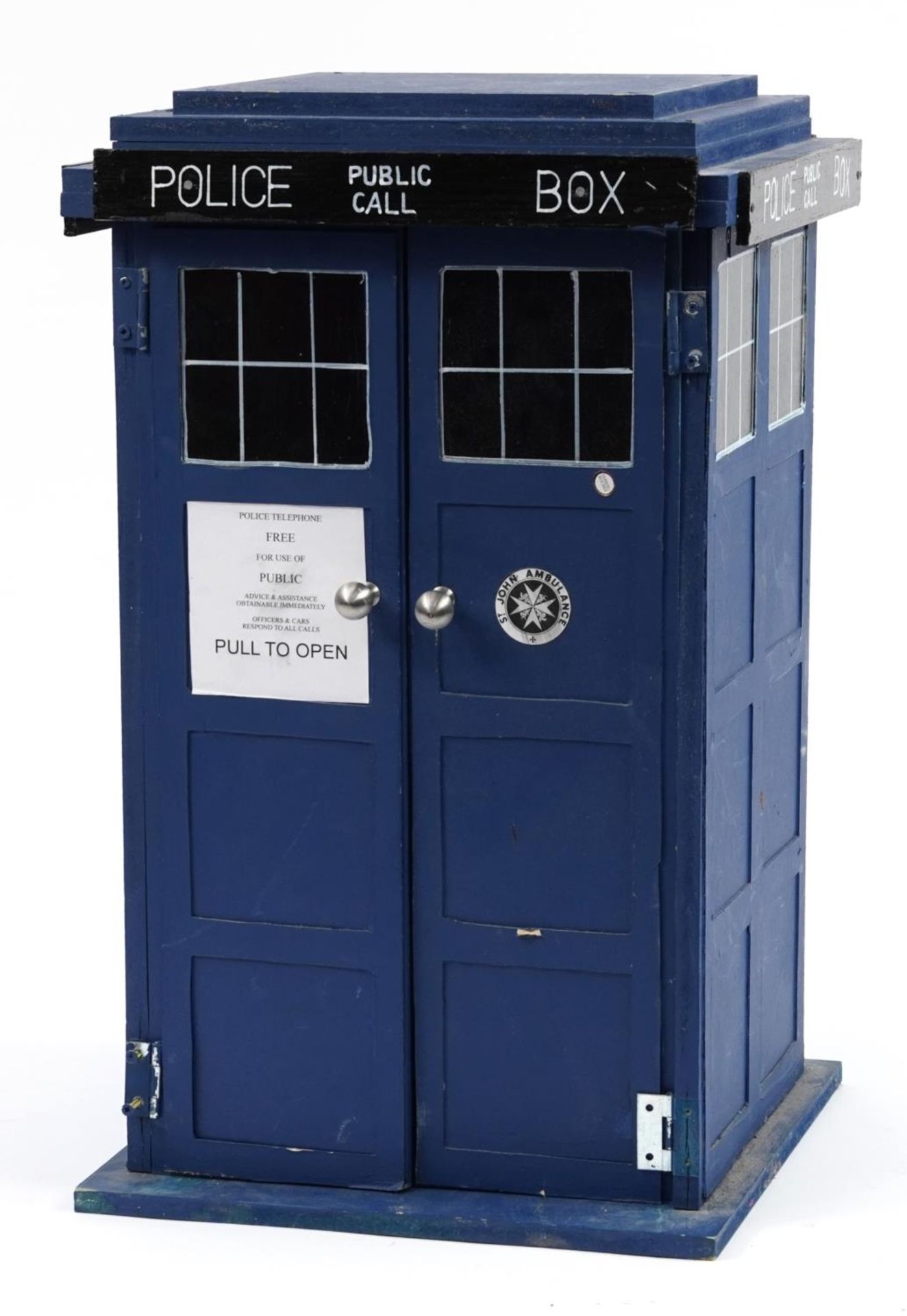 Novelty painted wood Doctor Who Tardis illuminated table cabinet, 58cm H x 35cm W x 35cm D