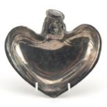 German Art Nouveau silver plated female design pin dish in the form of a love heart, 15.5cm wide