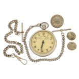 Railway Timekeeper open face pocket watch with silver watch chain, one other chain and three LB & SC