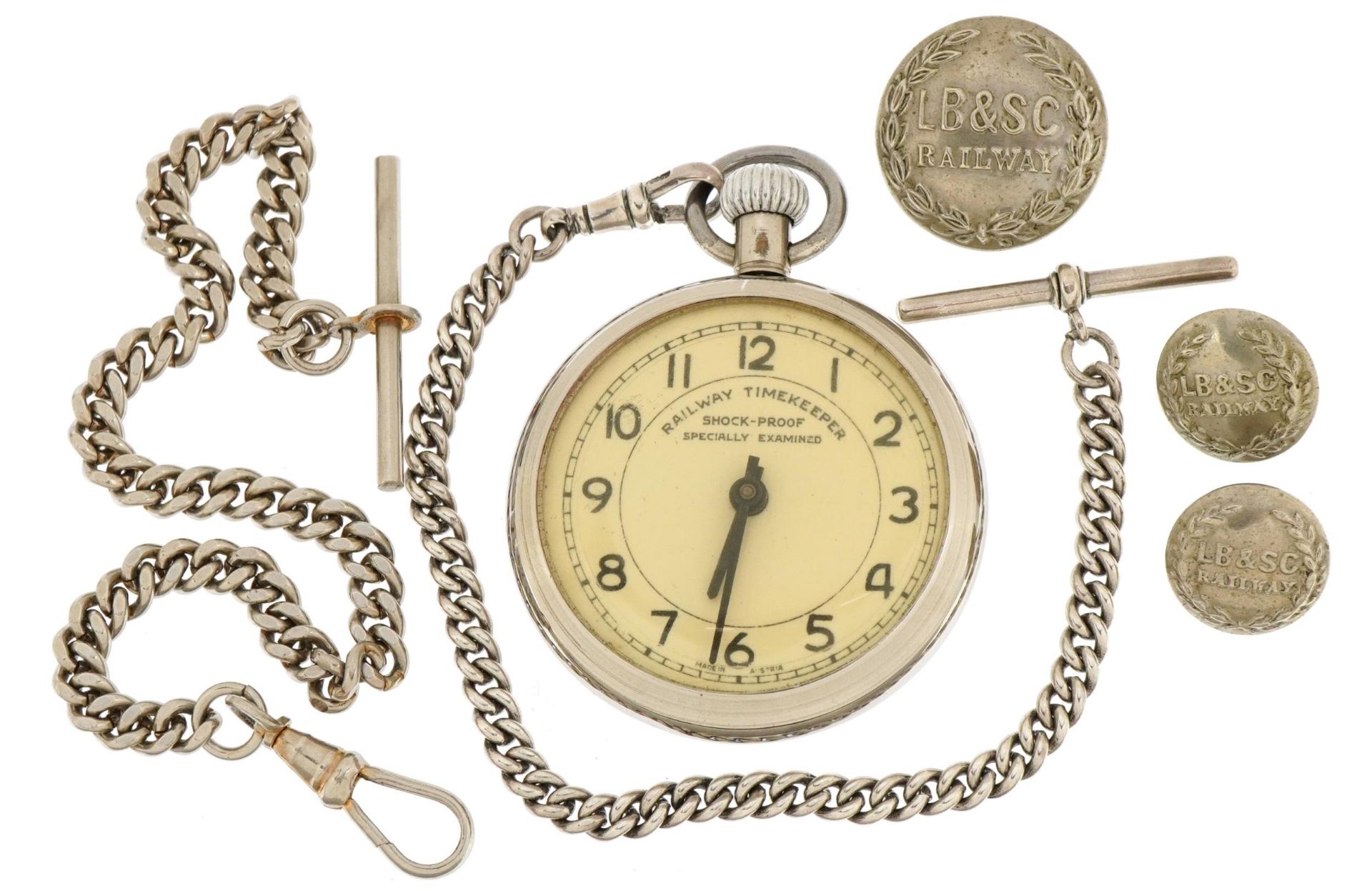 Railway Timekeeper open face pocket watch with silver watch chain, one other chain and three LB & SC
