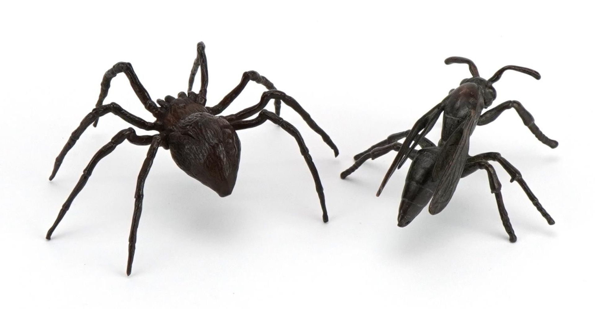 Two Japanese patinate bronze animals comprising wasp and spider, the largest 6.5cm wide - Image 2 of 3