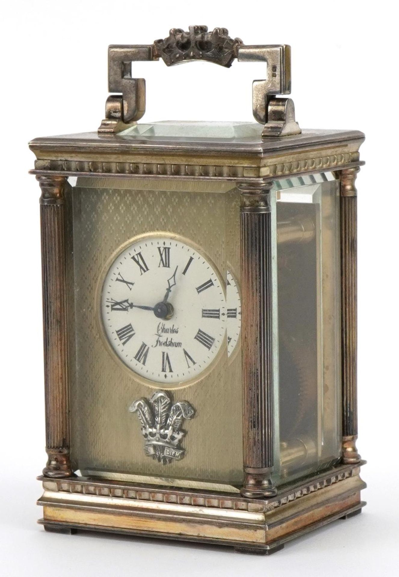 Charles Frodsham, miniature silver carriage clock with fleur de lis and circular dial inscribed