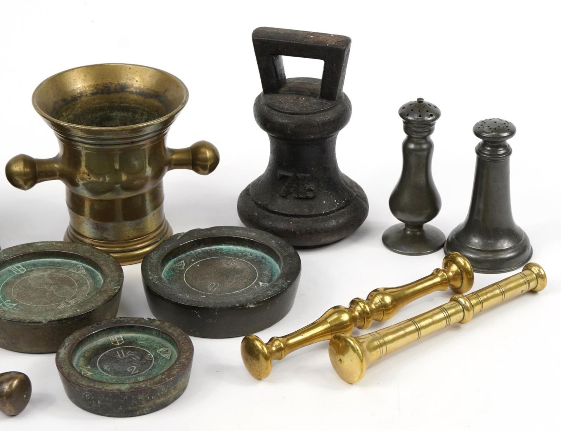 Metalware including an antique bronze pestle and mortar, various weights and antique lead tobacco - Image 3 of 3