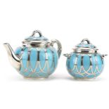 Royal Worcester, Victorian aesthetic silver overlaid porcelain teapot and lidded sugar bowl with