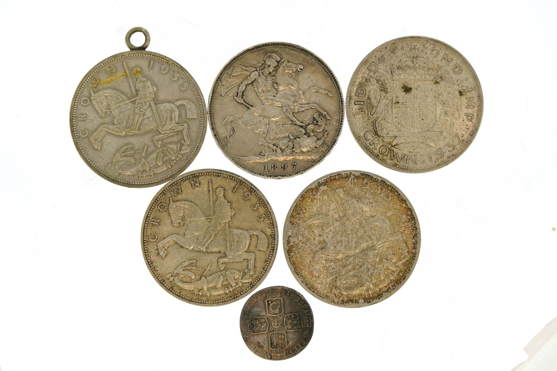 British and world coinage including 1897 crown, two rocking horse crowns and 1757 shilling