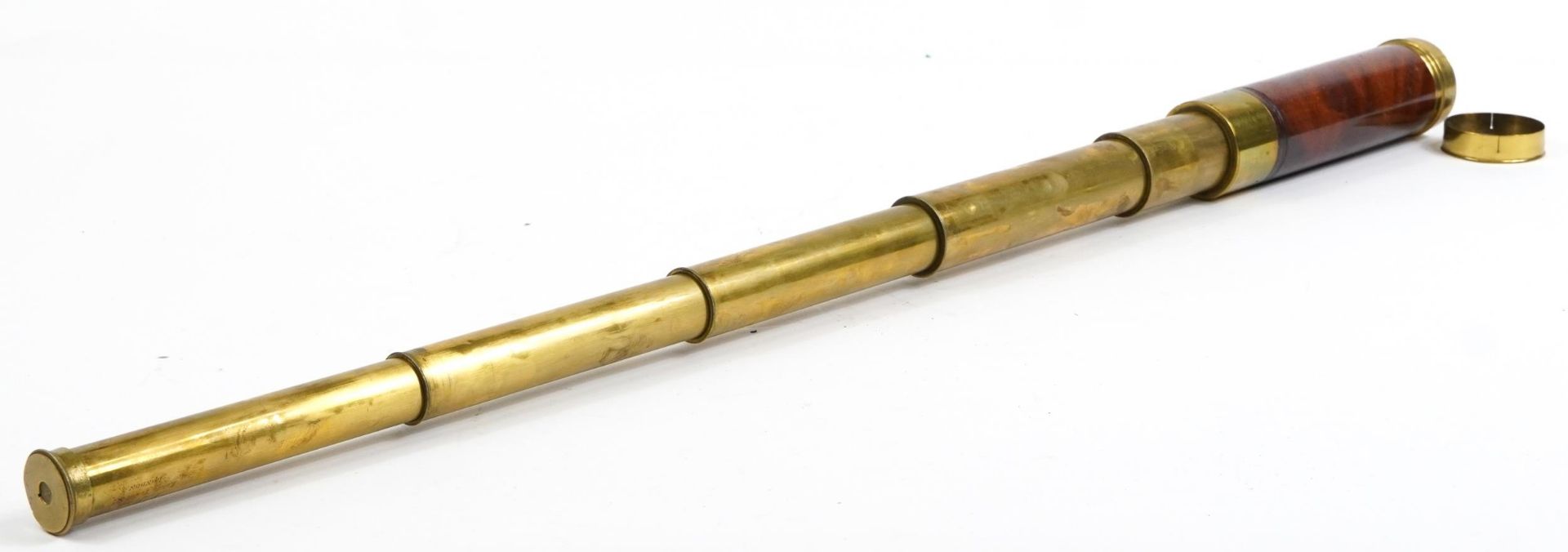 J Long of London, Victorian mahogany bound five draw brass telescope, 24cm in length when closed - Image 2 of 3