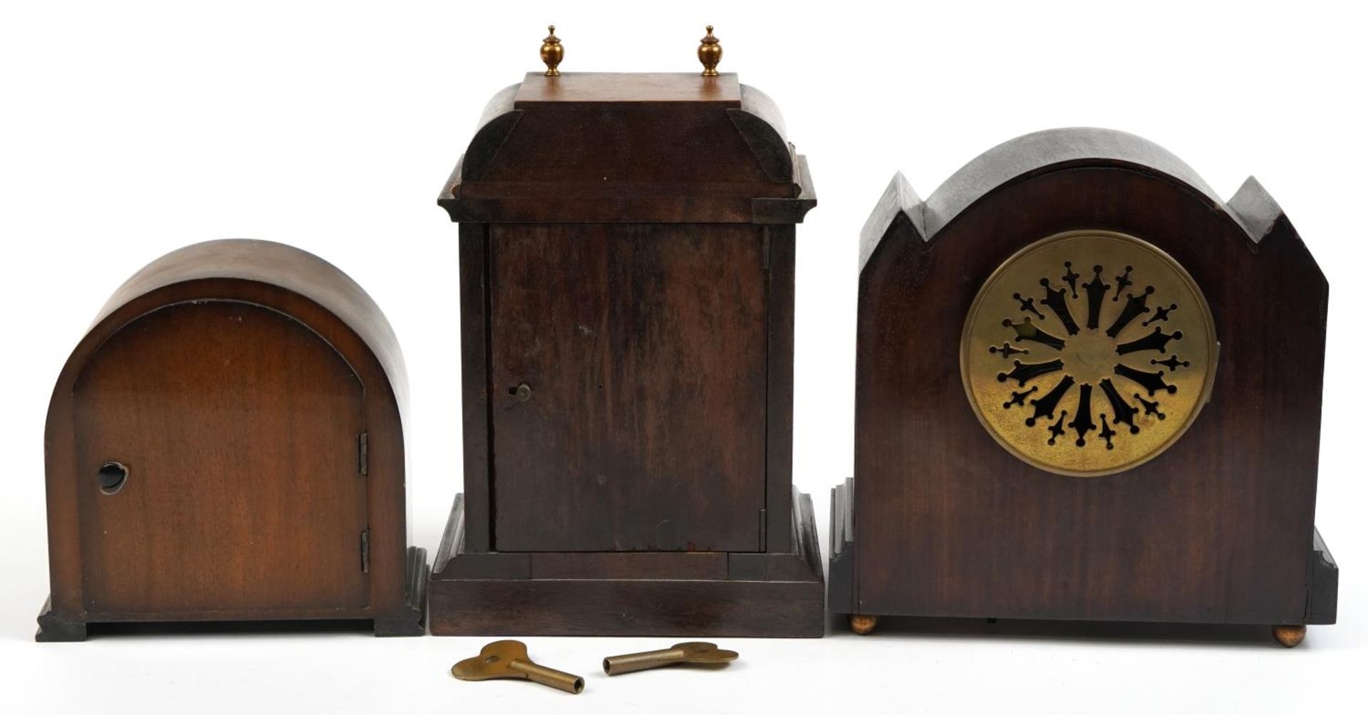 Three mahogany cased mantle clocks, one with abalone inlay, the largest 27cm high - Image 2 of 3