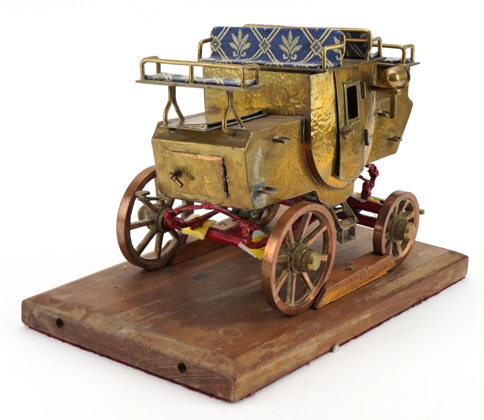 Scratch built brass, copper and iron stagecoach raised on a wooden plinth base, 32cm in length - Image 3 of 4