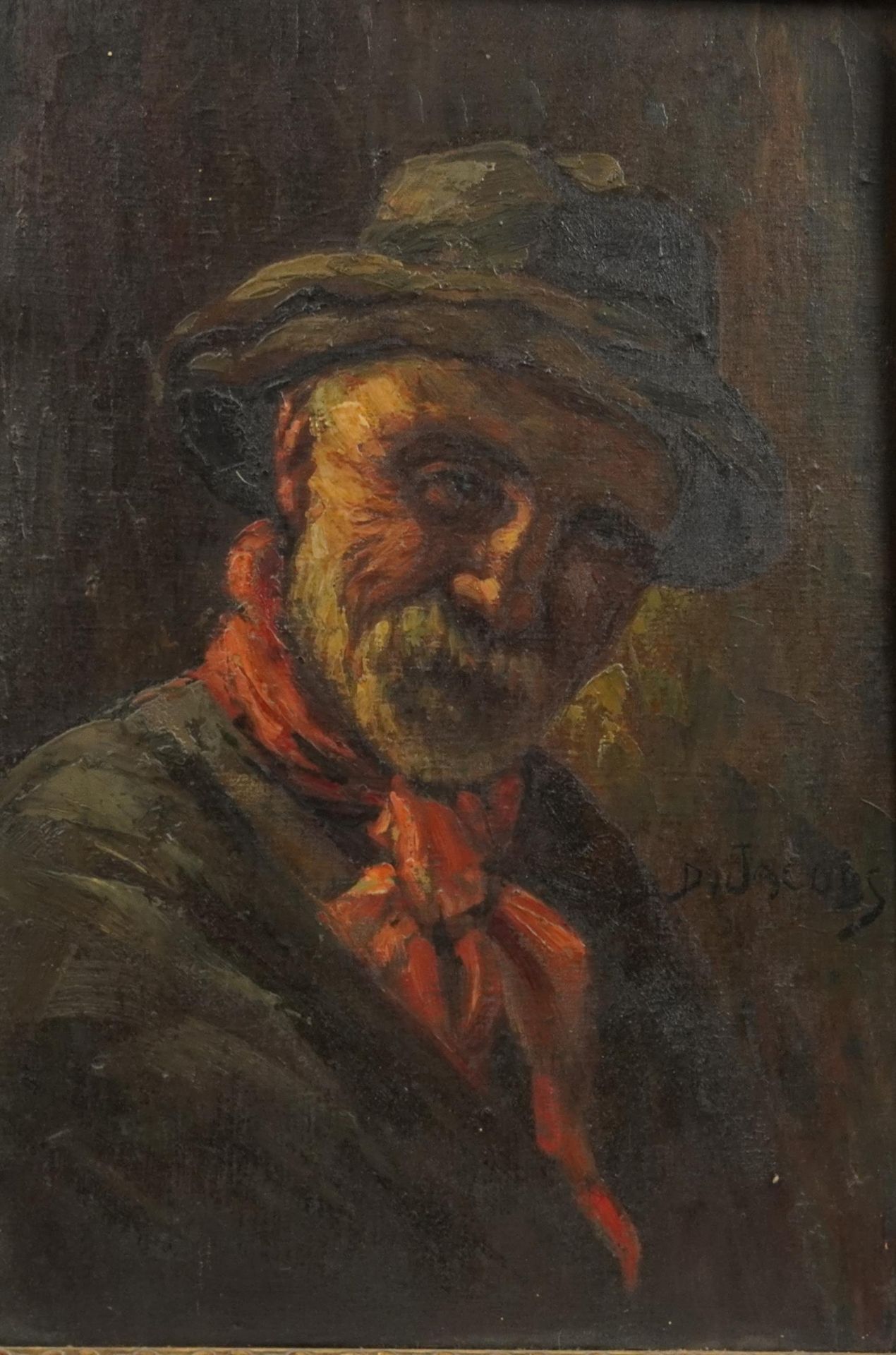 D Jacobs - Head and shoulders portrait of a bearded gentleman wearing a hat, oil on board, mounted