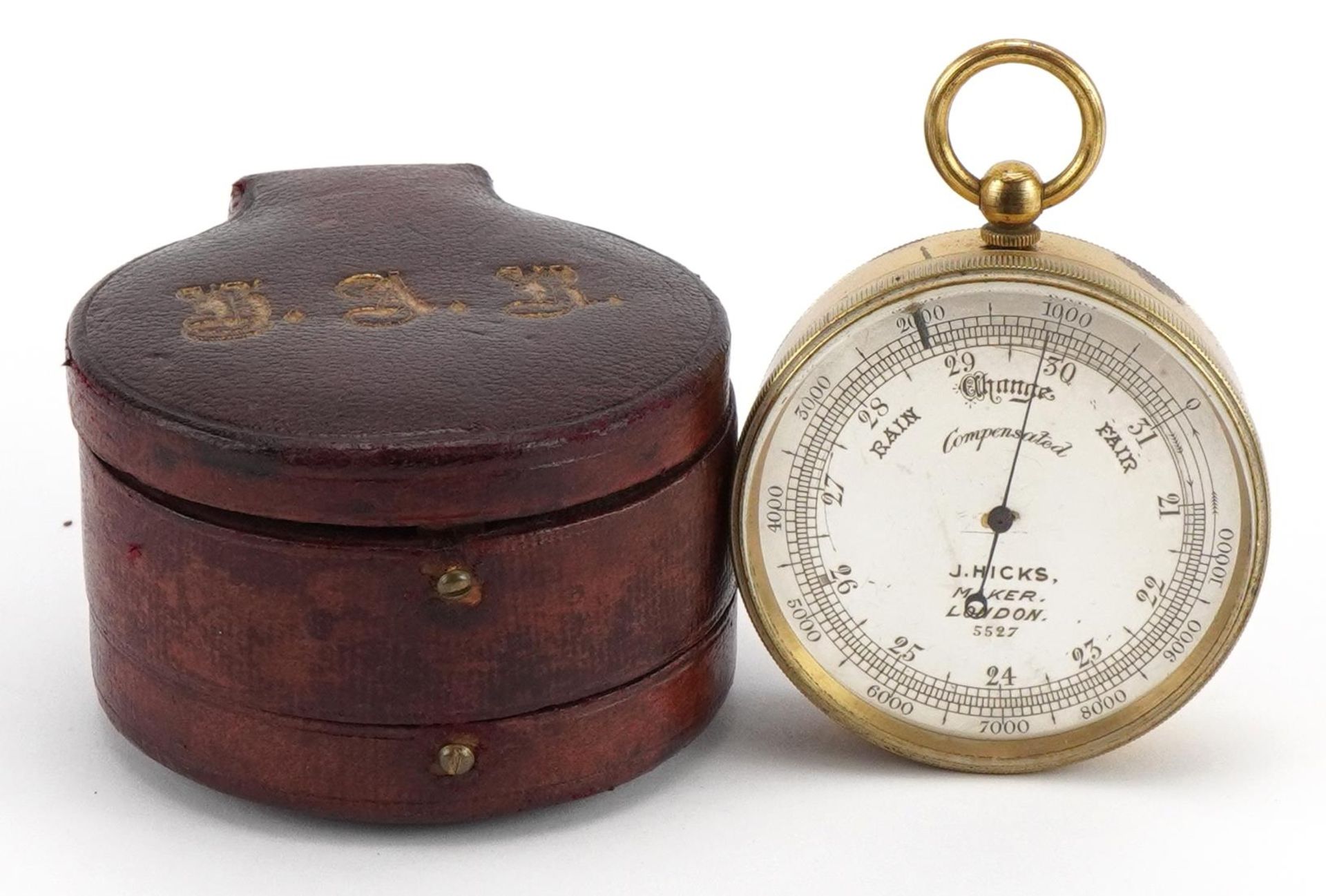 19th century leather cased weather station comprising gilt brass compensated pocket barometer with - Image 4 of 5