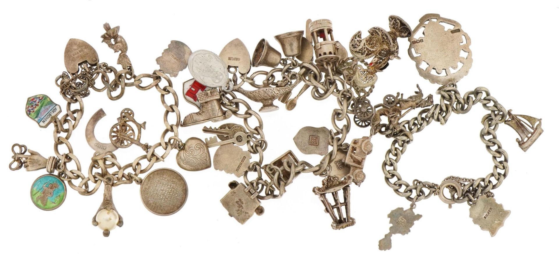 Three silver charm bracelets with a selection of mostly silver charms including chicken with red - Image 4 of 5