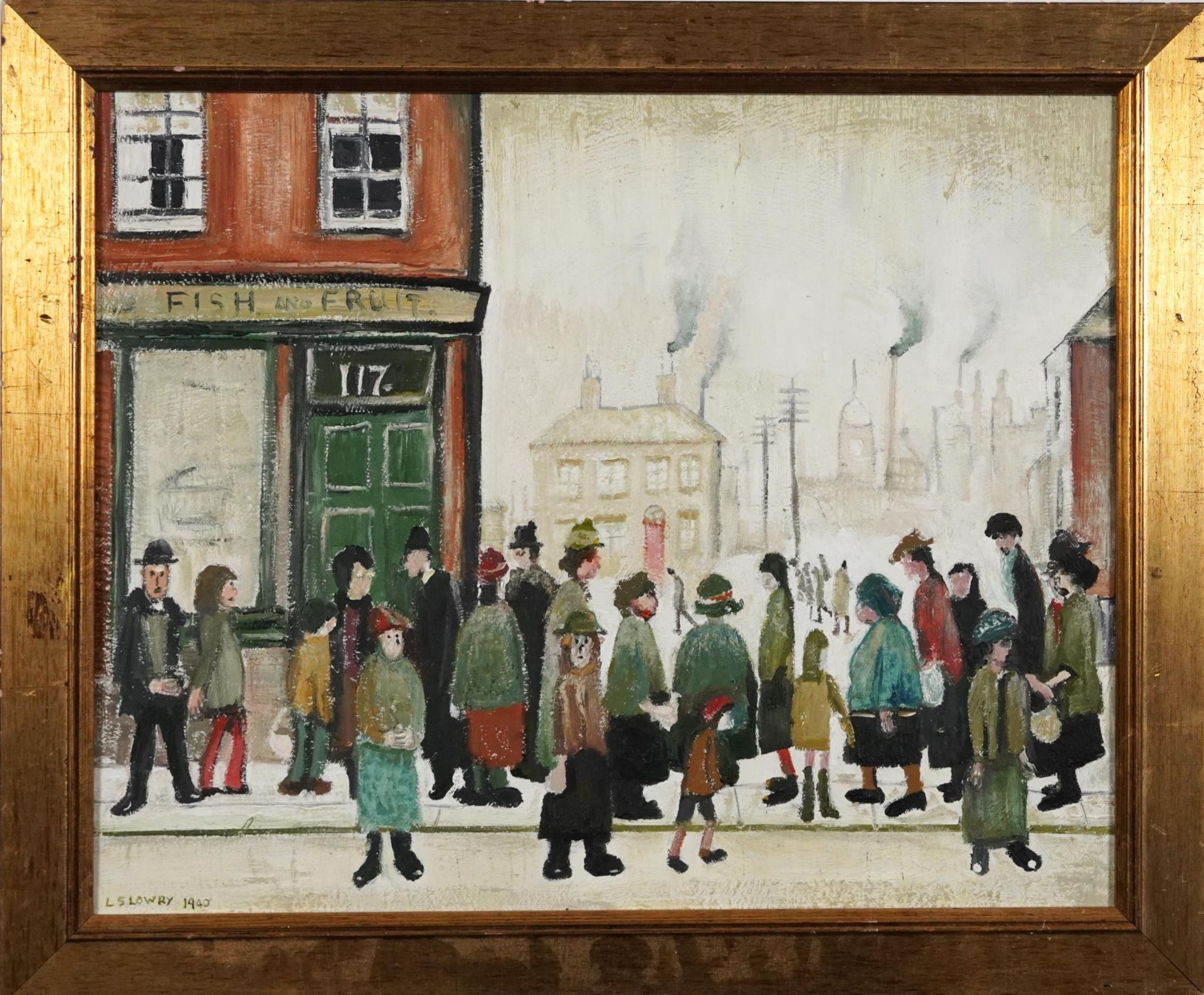Manner of Laurence Stephen Lowry - Figures walking about before an industrial town, oil on board, - Image 2 of 4