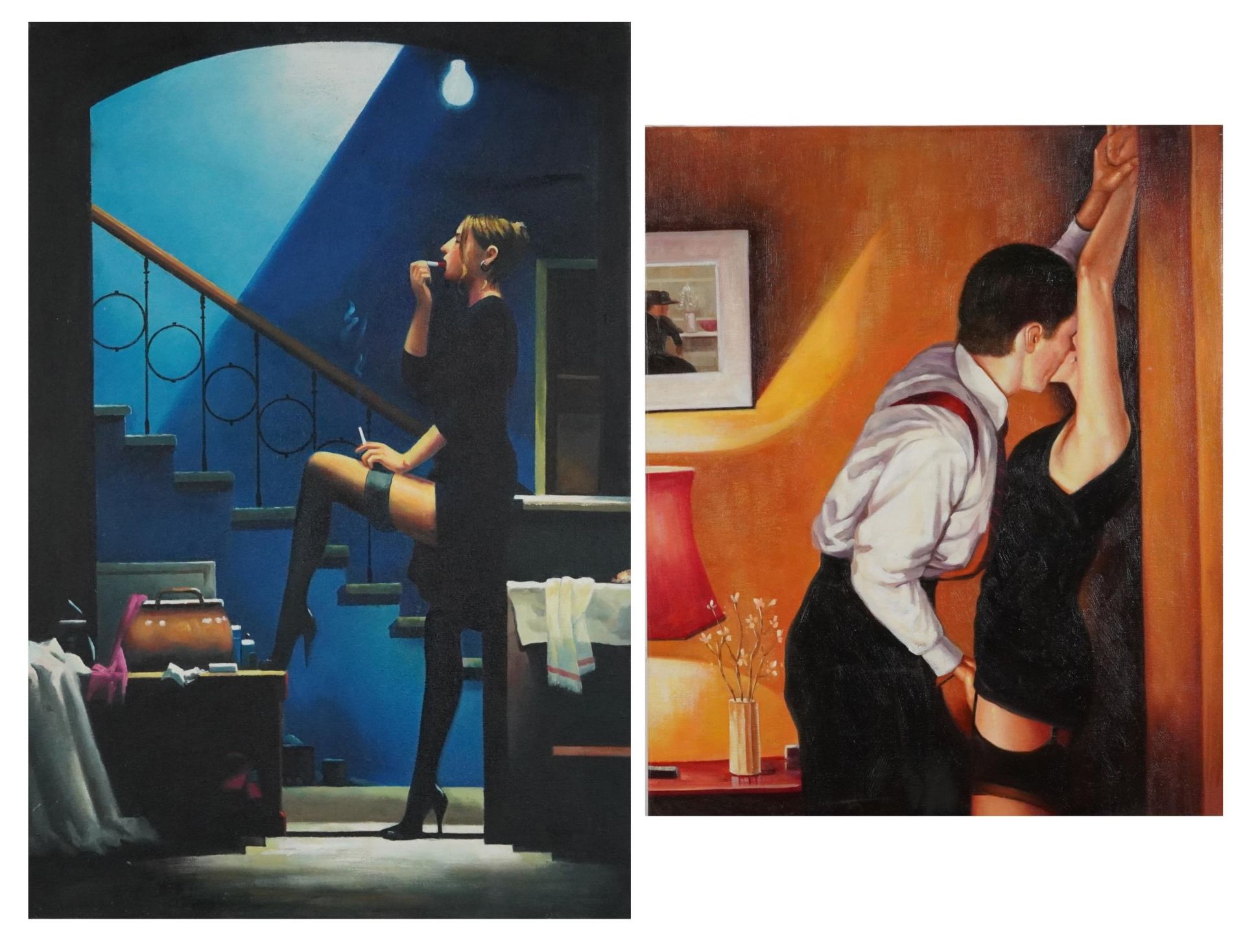 Manner of Jack Vettriano - Two figures and female smoking before a staircase, two oil on