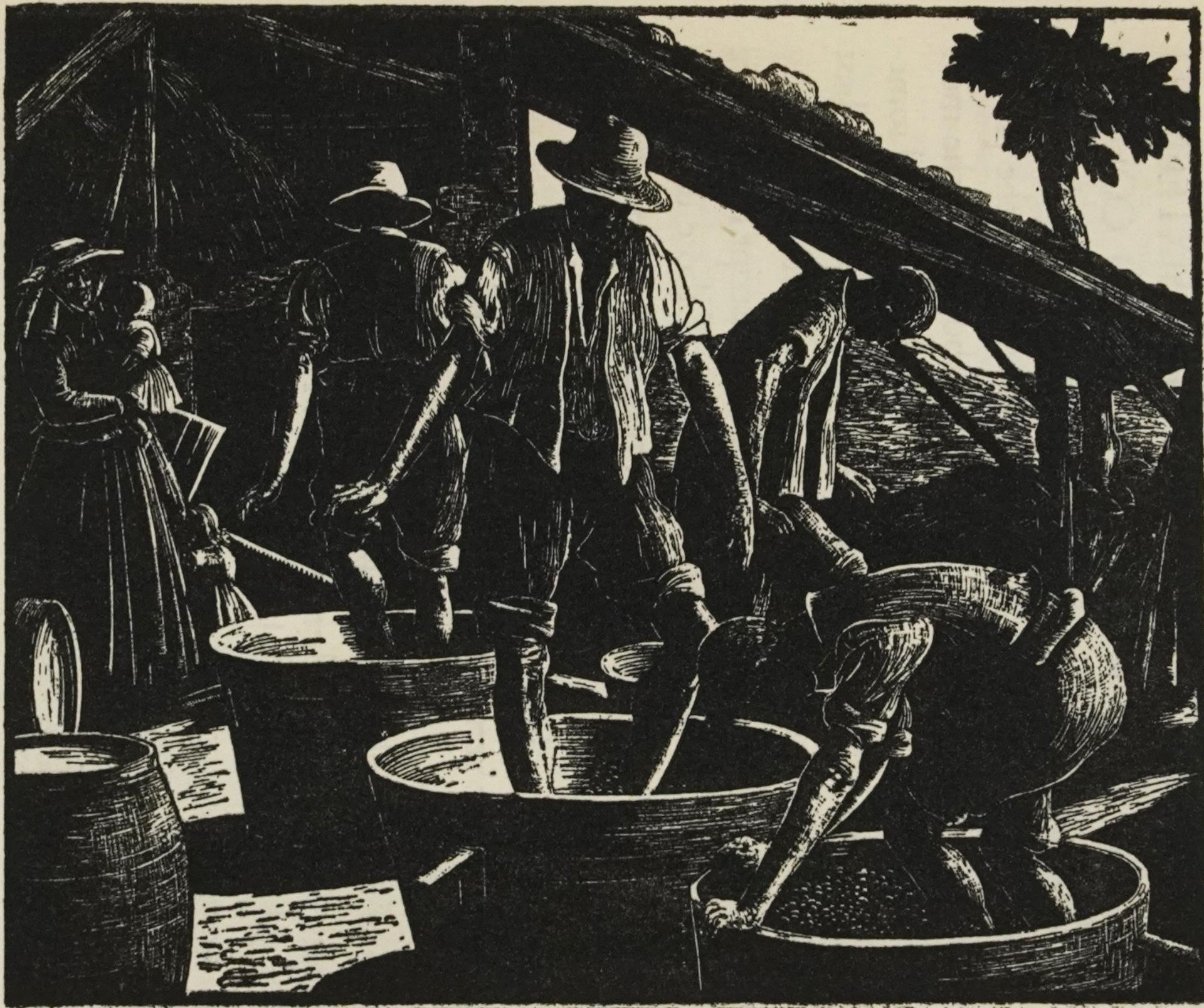 After Clare Leighton - Treading Grapes, woodcut print, inscribed verso The London Mercury 1929,