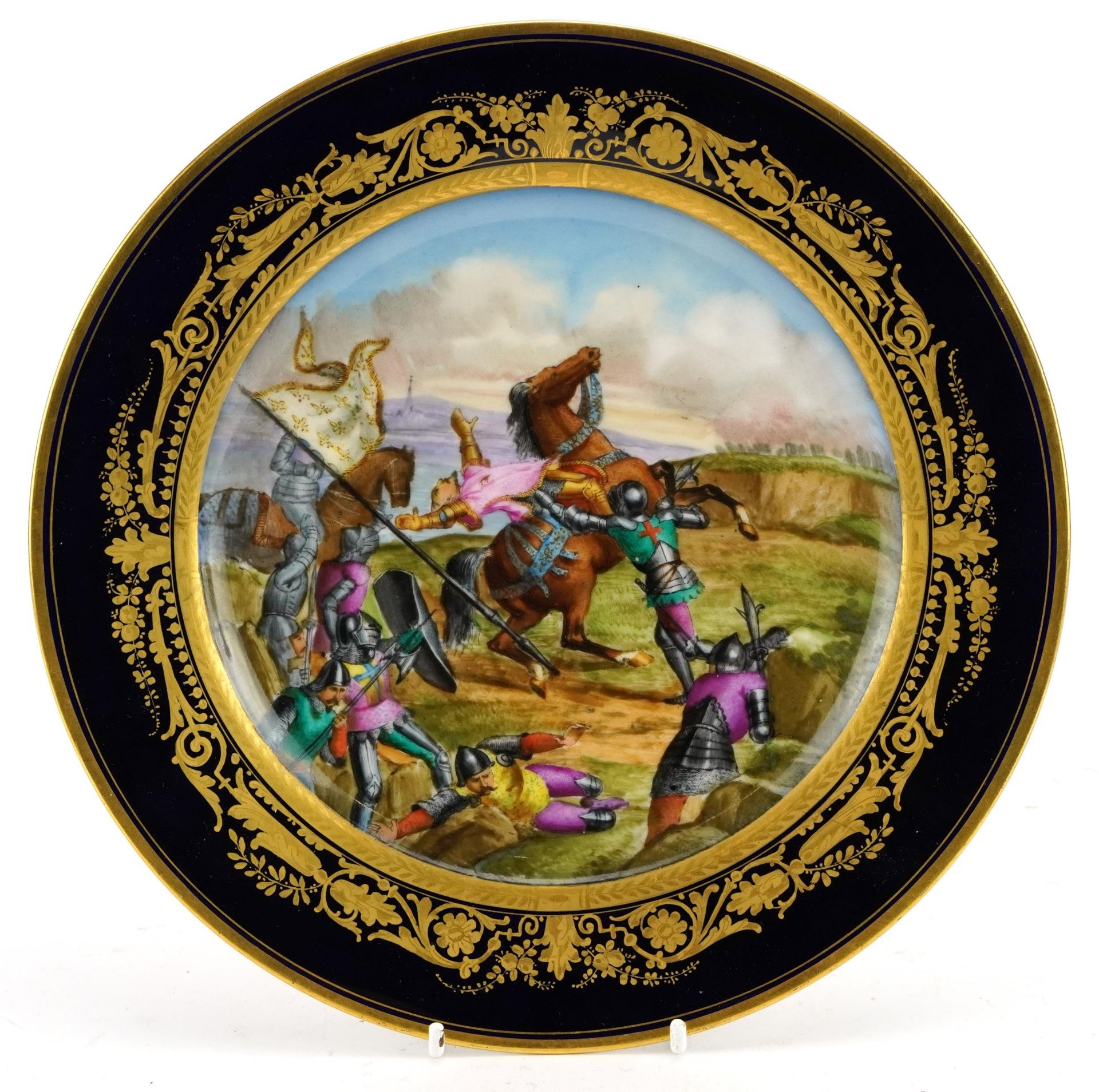 Sevres, 19th century porcelain cabinet plate hand painted with The Battle of Castillon, 1453, 24cm