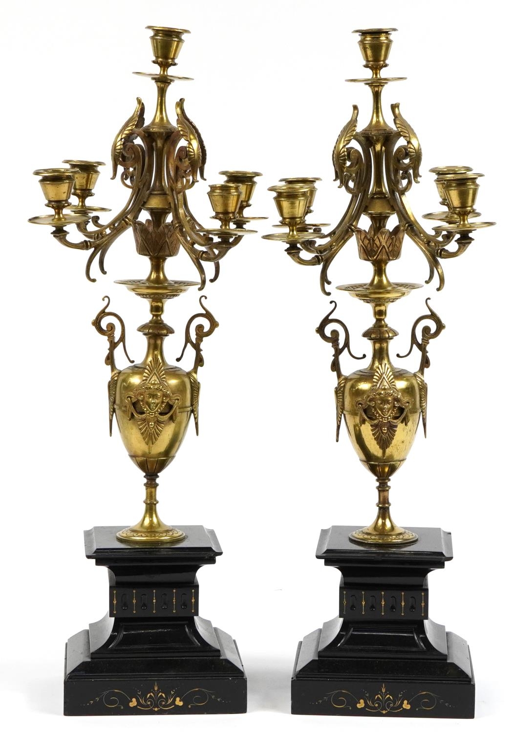 Pair of 19th century bronzed five branch candelabras raised of black slate bases, each 62cm high