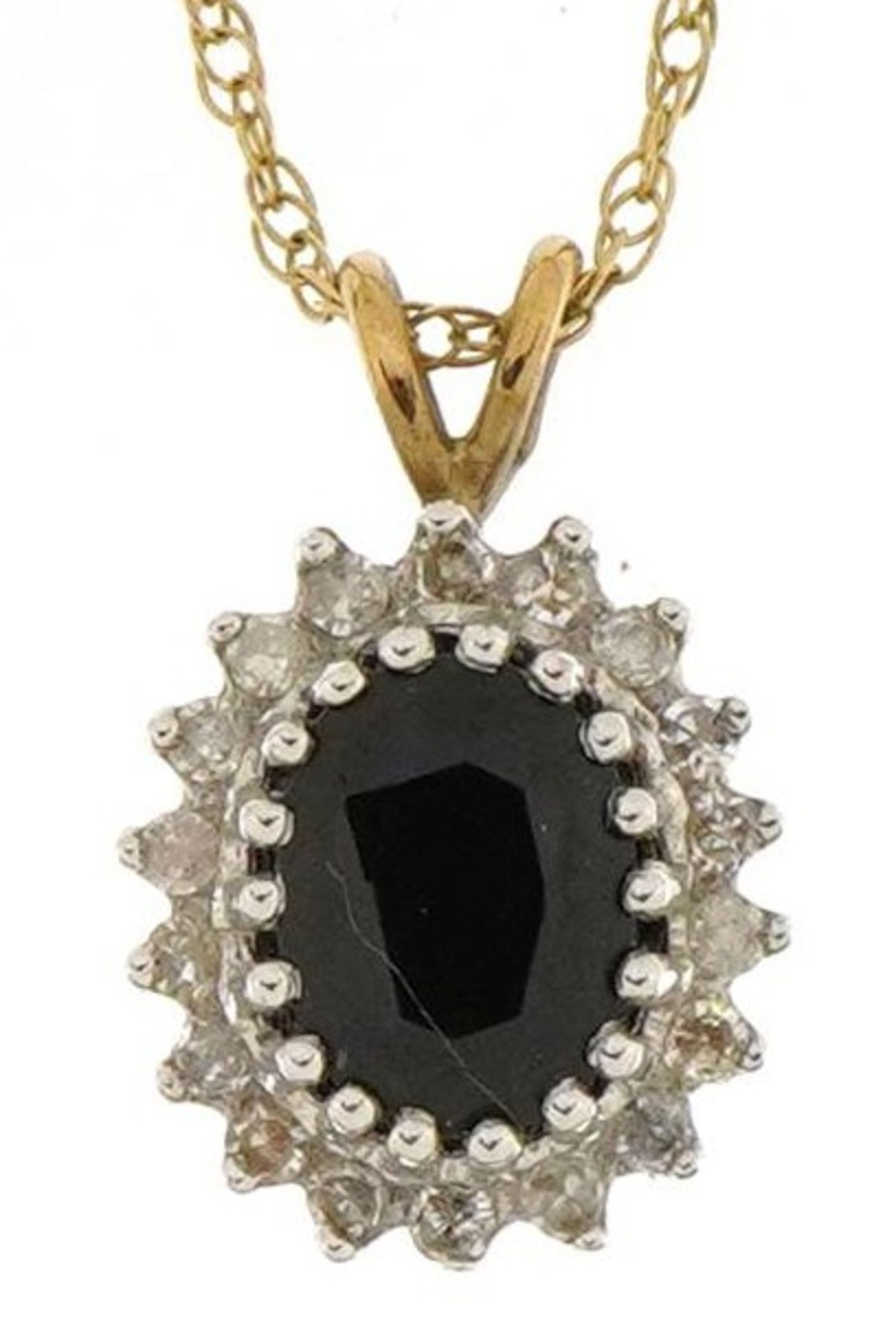 9ct gold sapphire and diamond cluster pendant on a 9ct gold necklace, the sapphire approximately 7.