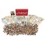 Collection of antique and later British and world coinage and banknotes, some arranged in an