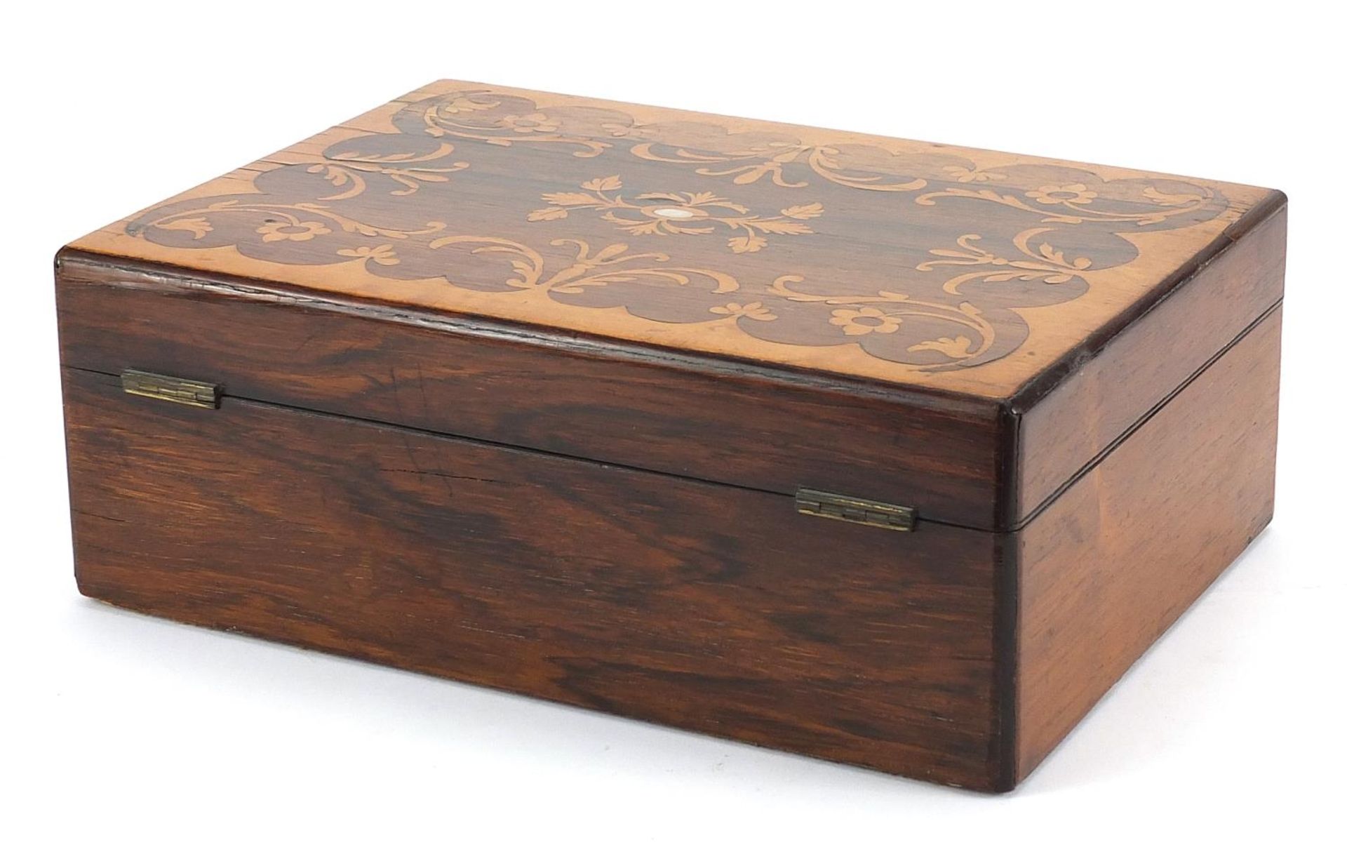 Victorian inlaid rosewood and walnut workbox, 11cm H x 30cm W x 21.5cm D - Bild 2 aus 3