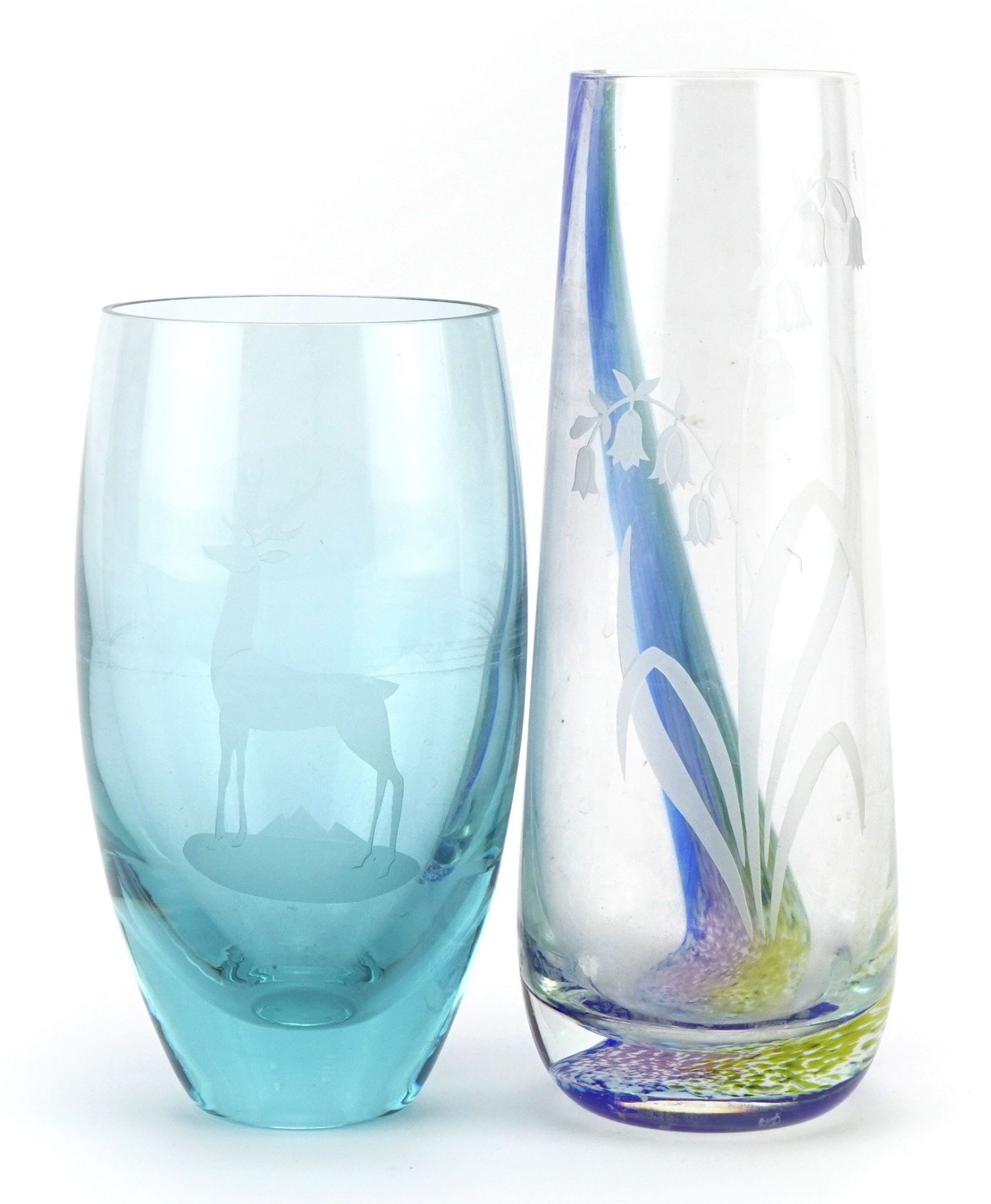 Etched harebell design glass vase with millefiori glass base together with a purple etched deer