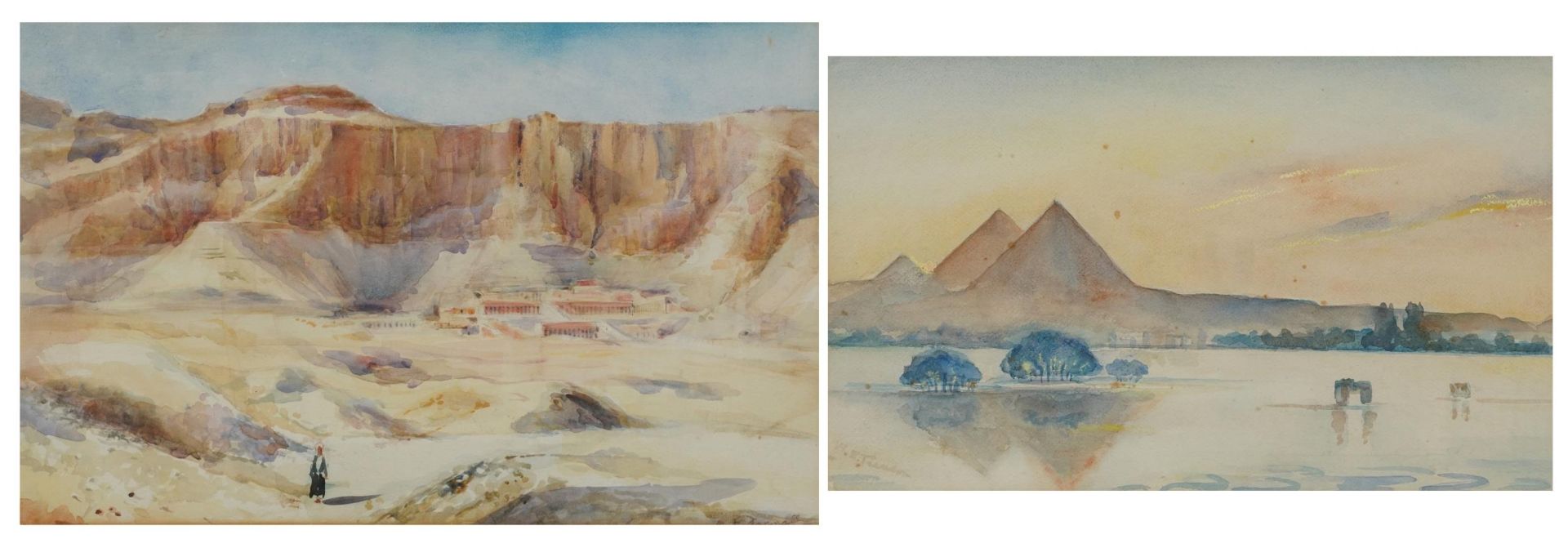 Pyramids and Quarry, two Middle Eastern school watercolours, each indistinctly signed, one partially