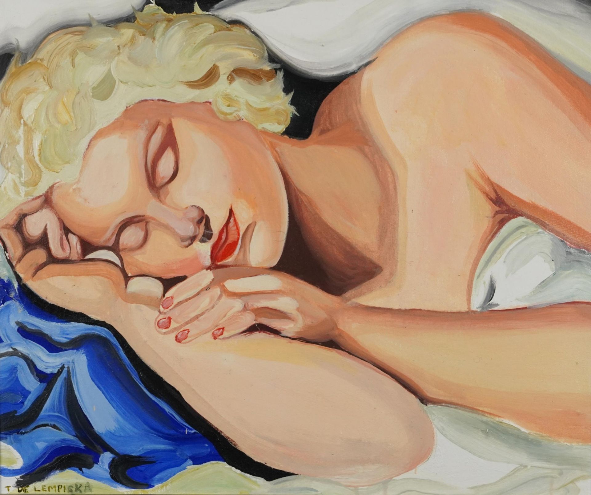 Manner of Tamara de Lempicka - Portrait of a sleeping nude female, Polish school oil on board,