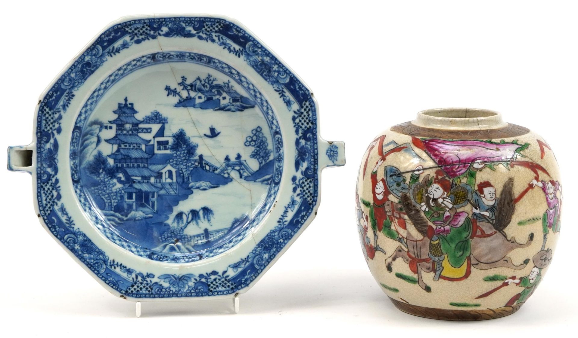 Chinese blue and white porcelain warming plate and a crackle glaze ginger jar hand painted in the