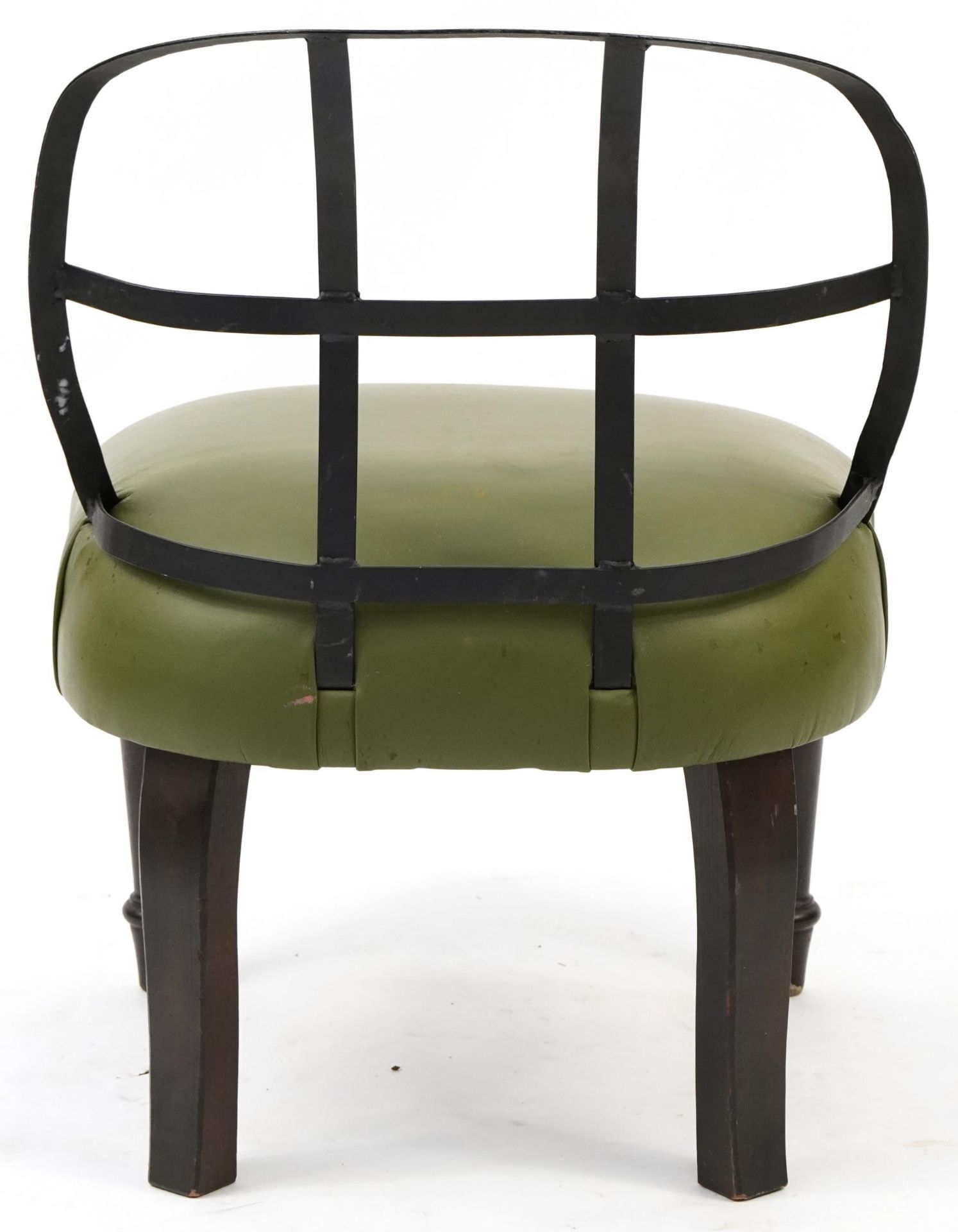 Industrial style wrought iron chair with green leather upholstered seat on turned mahogany legs, - Bild 3 aus 3