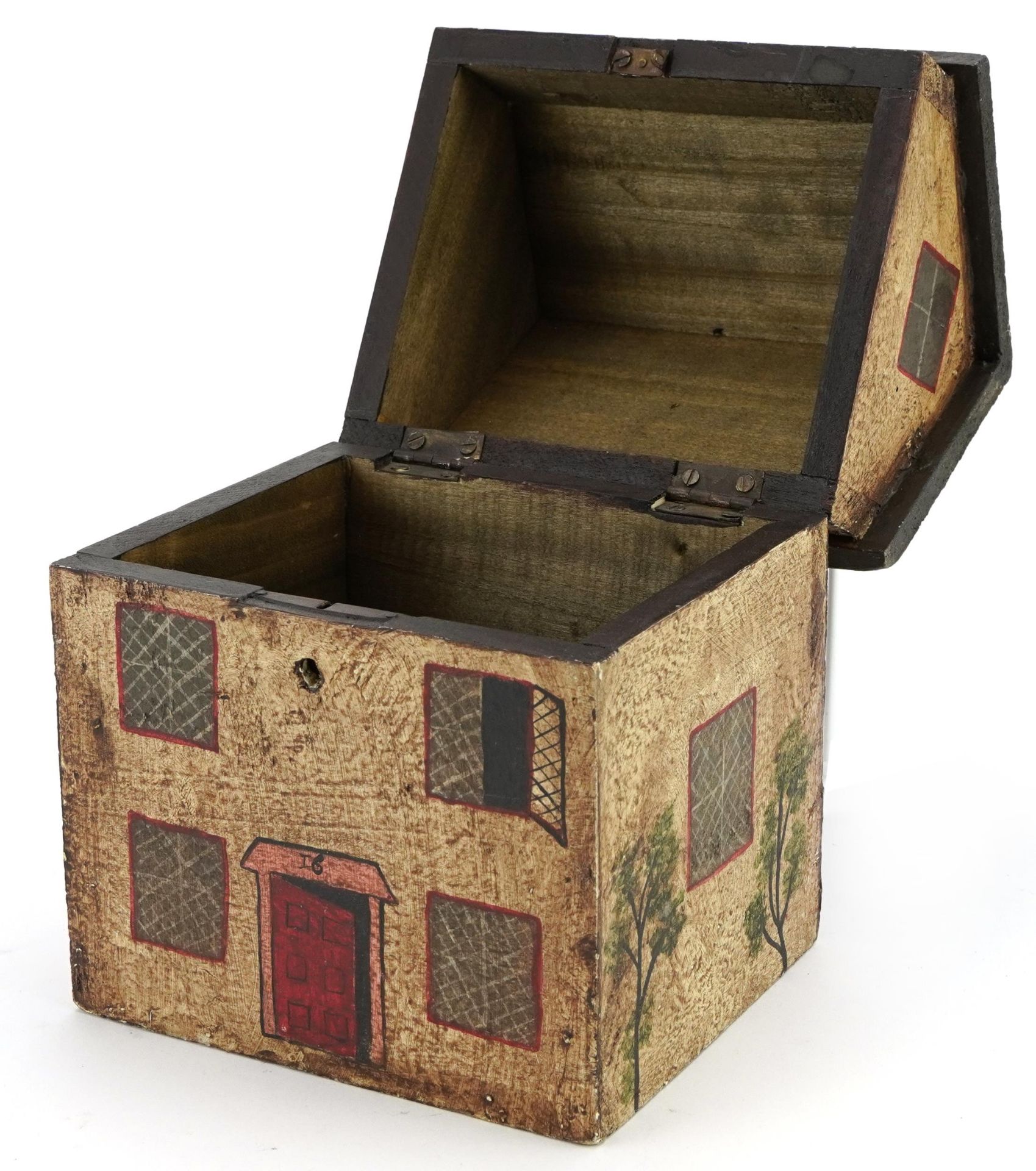 Hand painted wooden box with hinged lid in the form of a Georgian house, 22cm H x 16cm W x 14cm D - Image 2 of 4