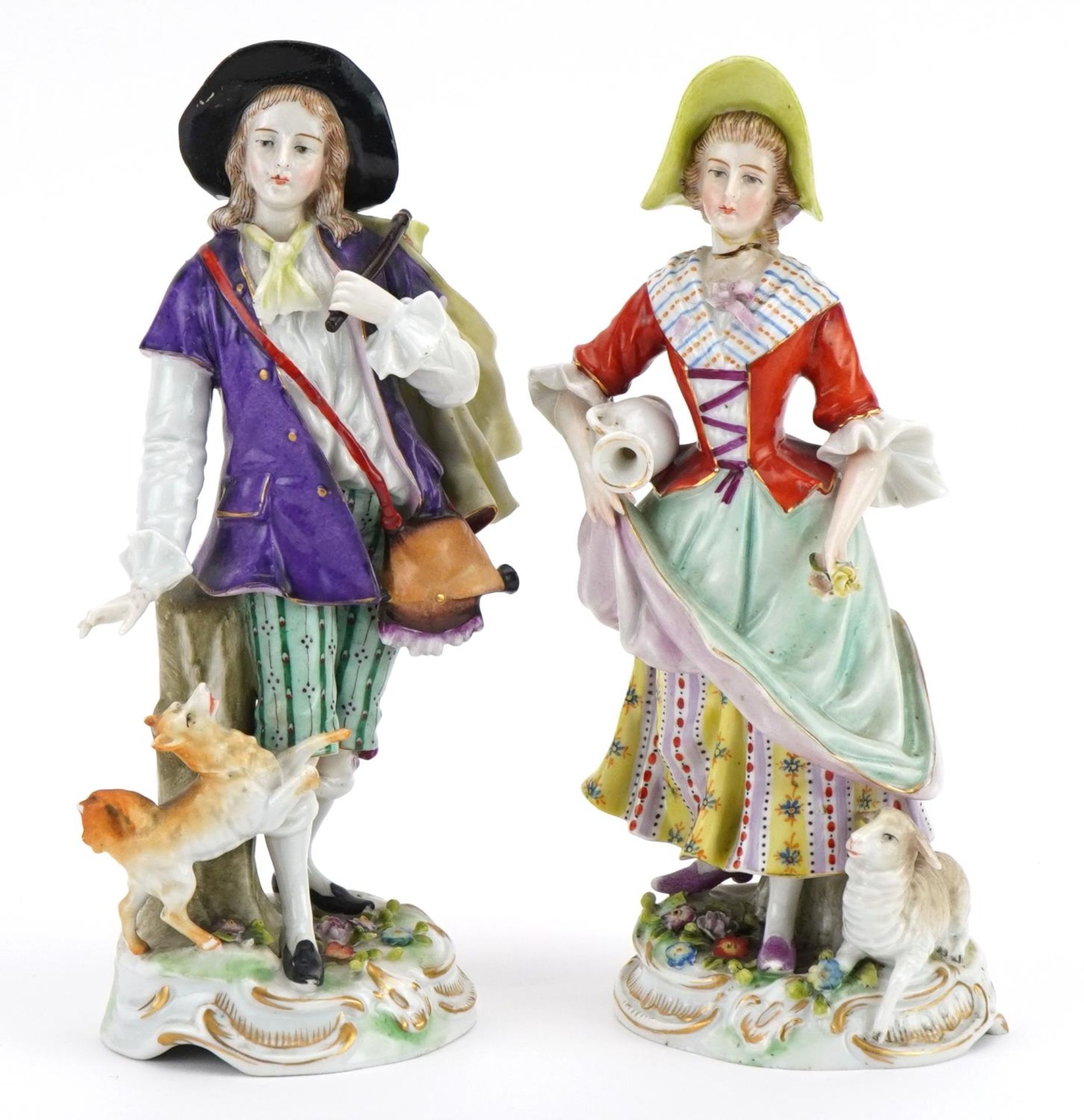 Pair German porcelain figures of a shepherd and shepherdess, factory marks to the bases, the largest