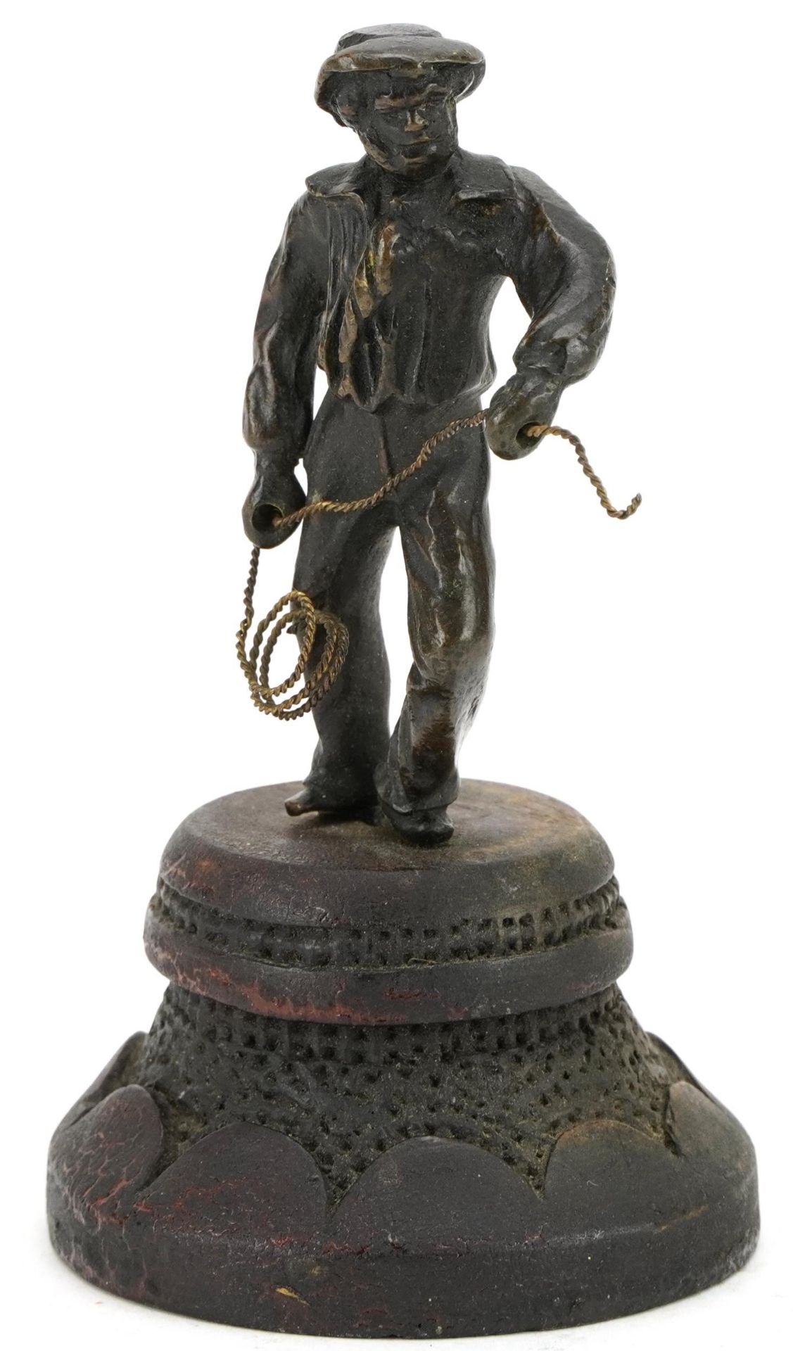 Patinated bronze study of a fisherman raised on a lacquered wood base