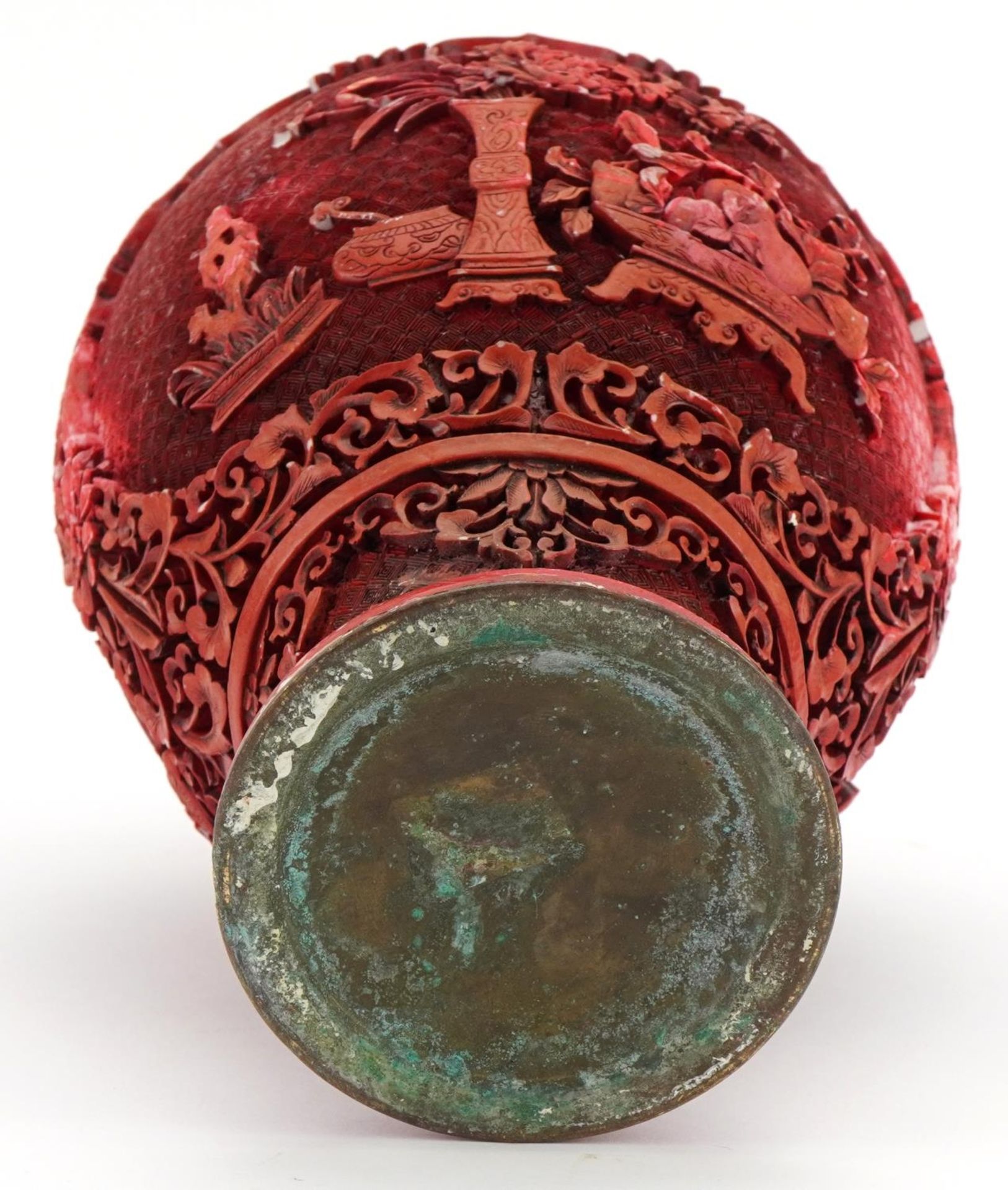 Chinese cinnabar lacquer vase carved with lucky objects and flowers, 37.5cm high - Image 3 of 3