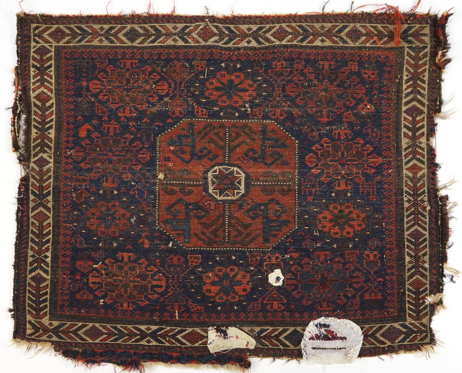 Afghan red and blue ground Belutch rug with all over geometric design, 86cm x 76cm - Image 3 of 3
