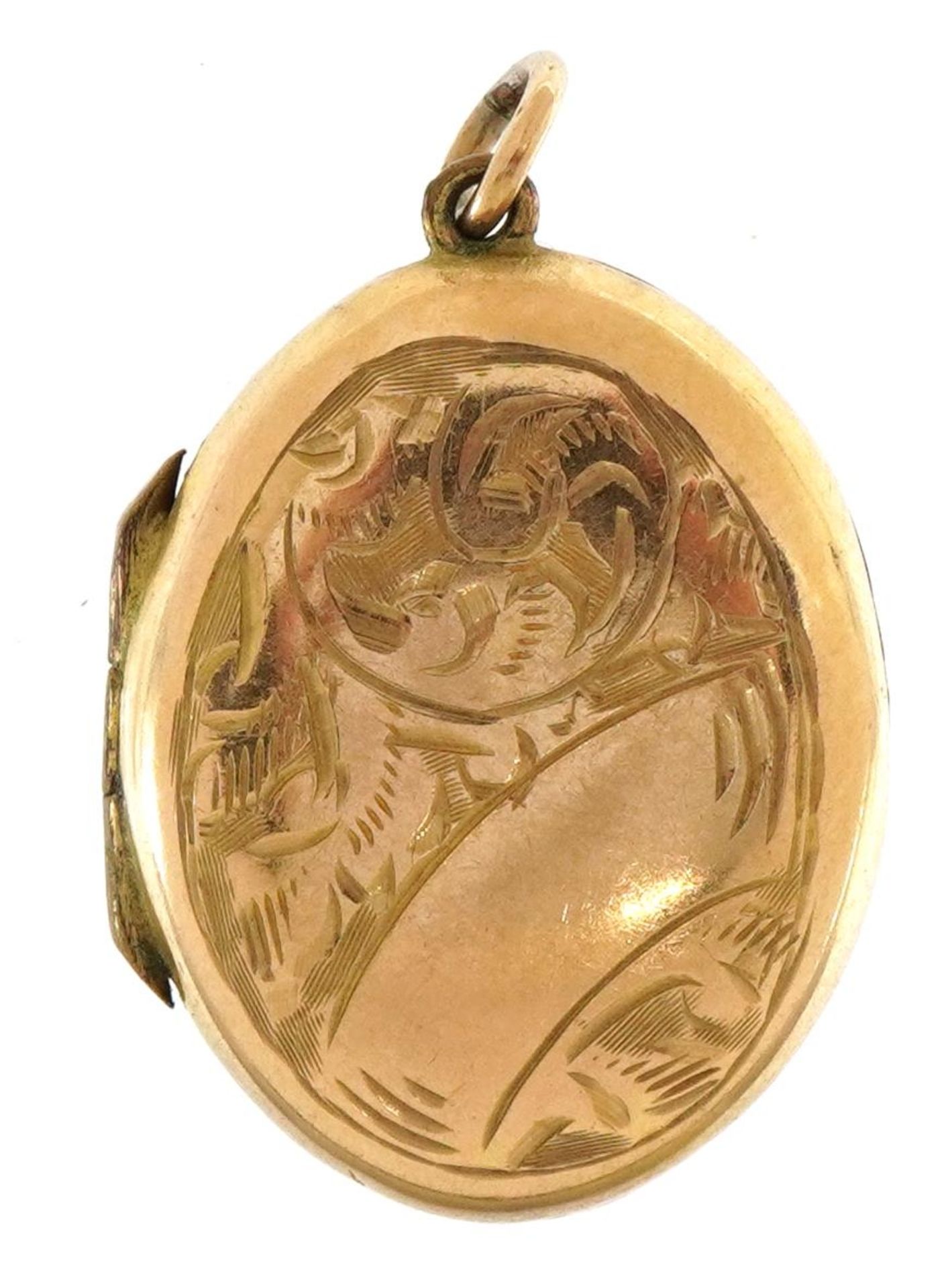 9ct gold back and front oval locket with engraved decoration, 2.4cm high, 3.6g