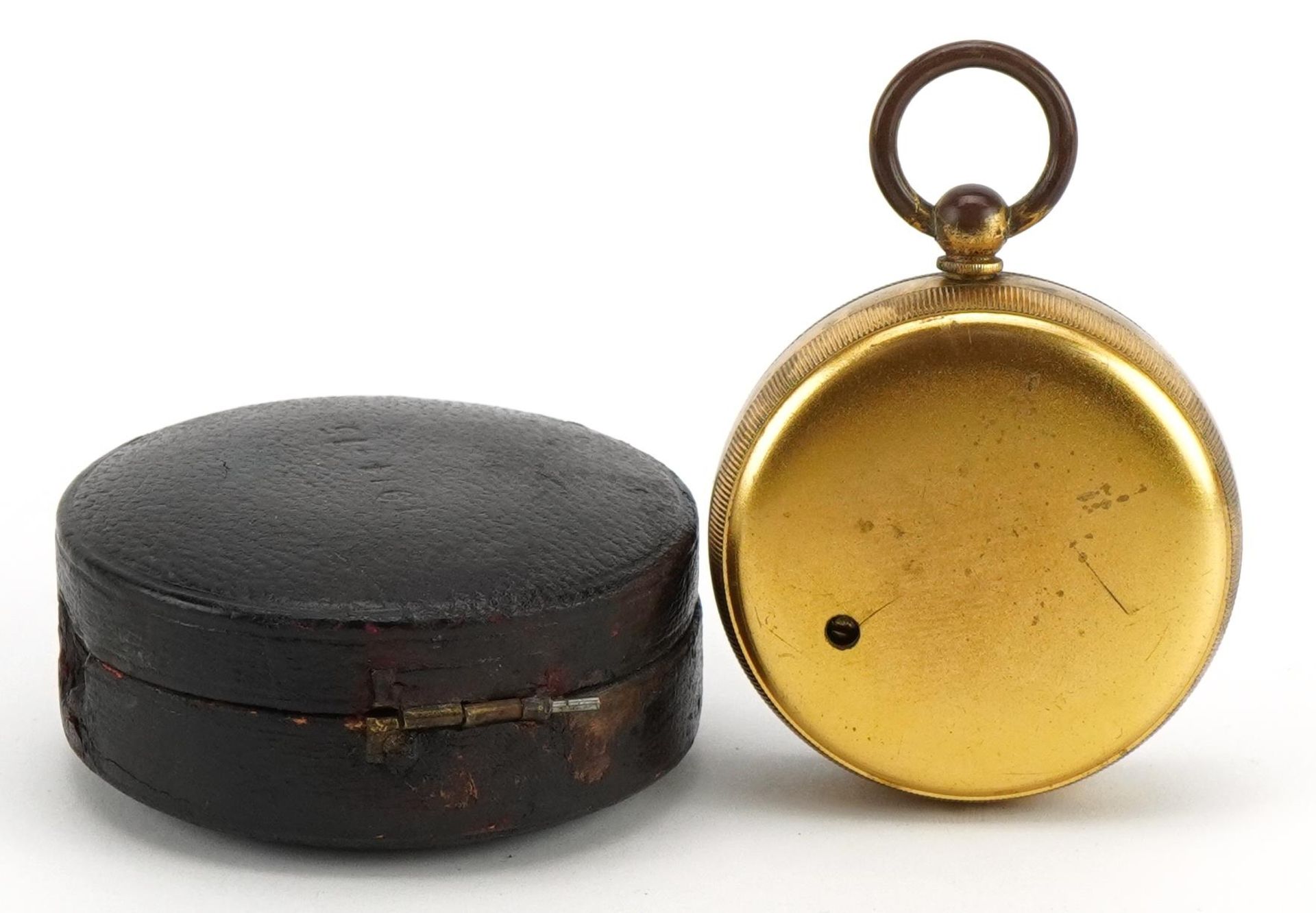 19th century gilt brass compensated pocket barometer with silvered dial and leather case, 5.5cm high - Bild 2 aus 2