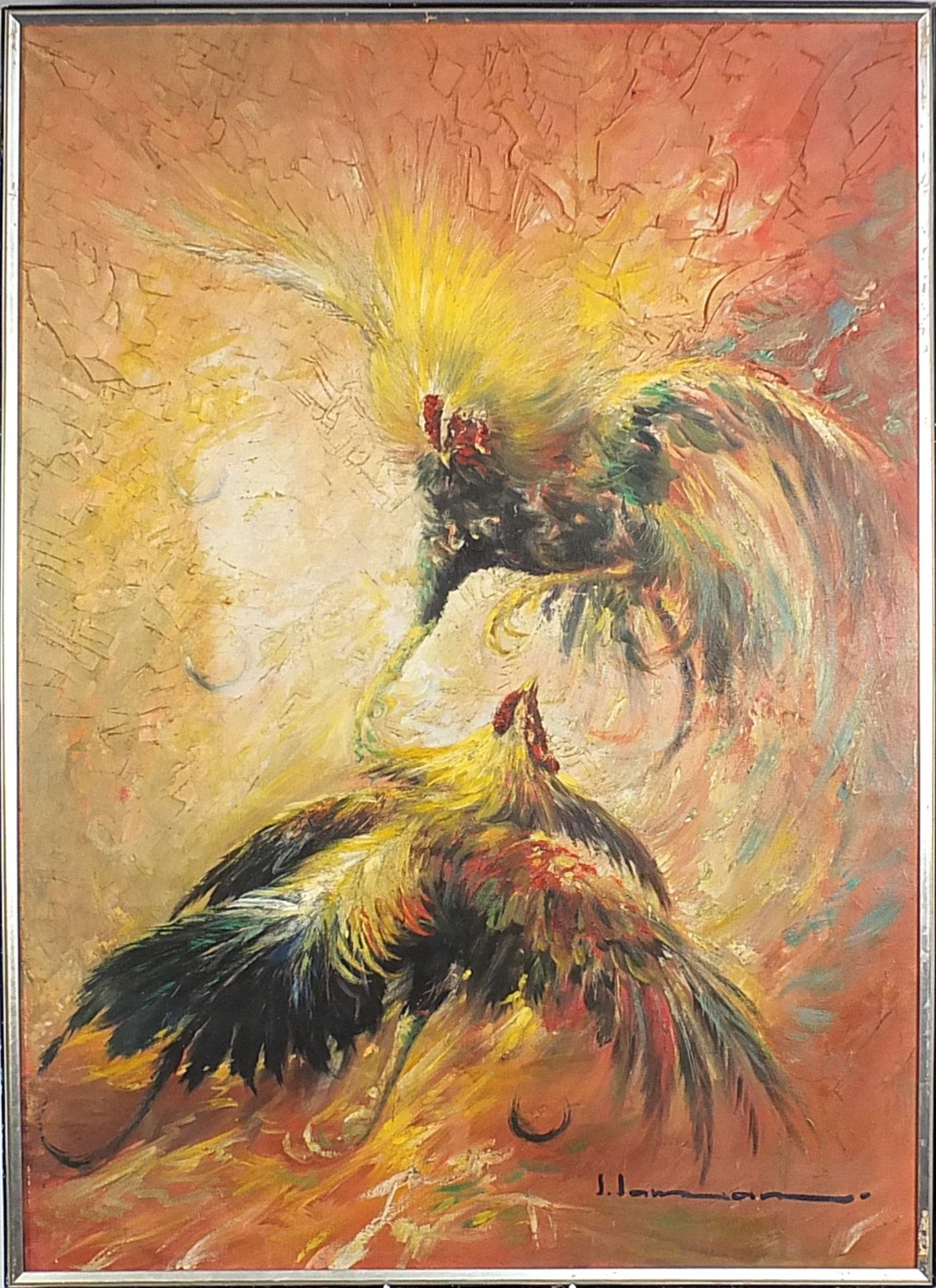 Suharyo Saman - Cock Fighting, Impressionist oil on canvass, indistinctly signed possibly J - Bild 2 aus 4