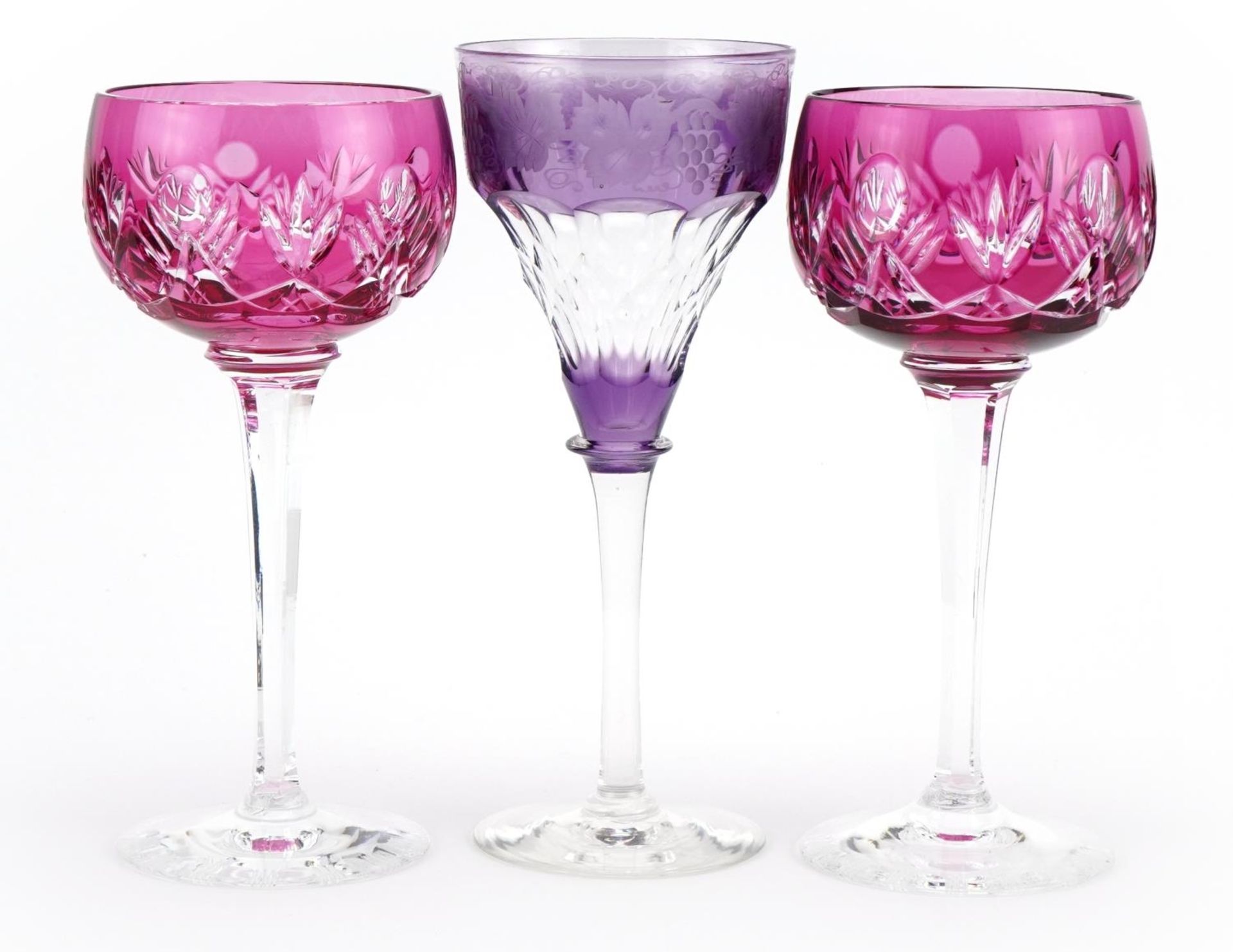 Three good quality Bohemian flashed cut glasses including a pair, the largest 19.5cm high