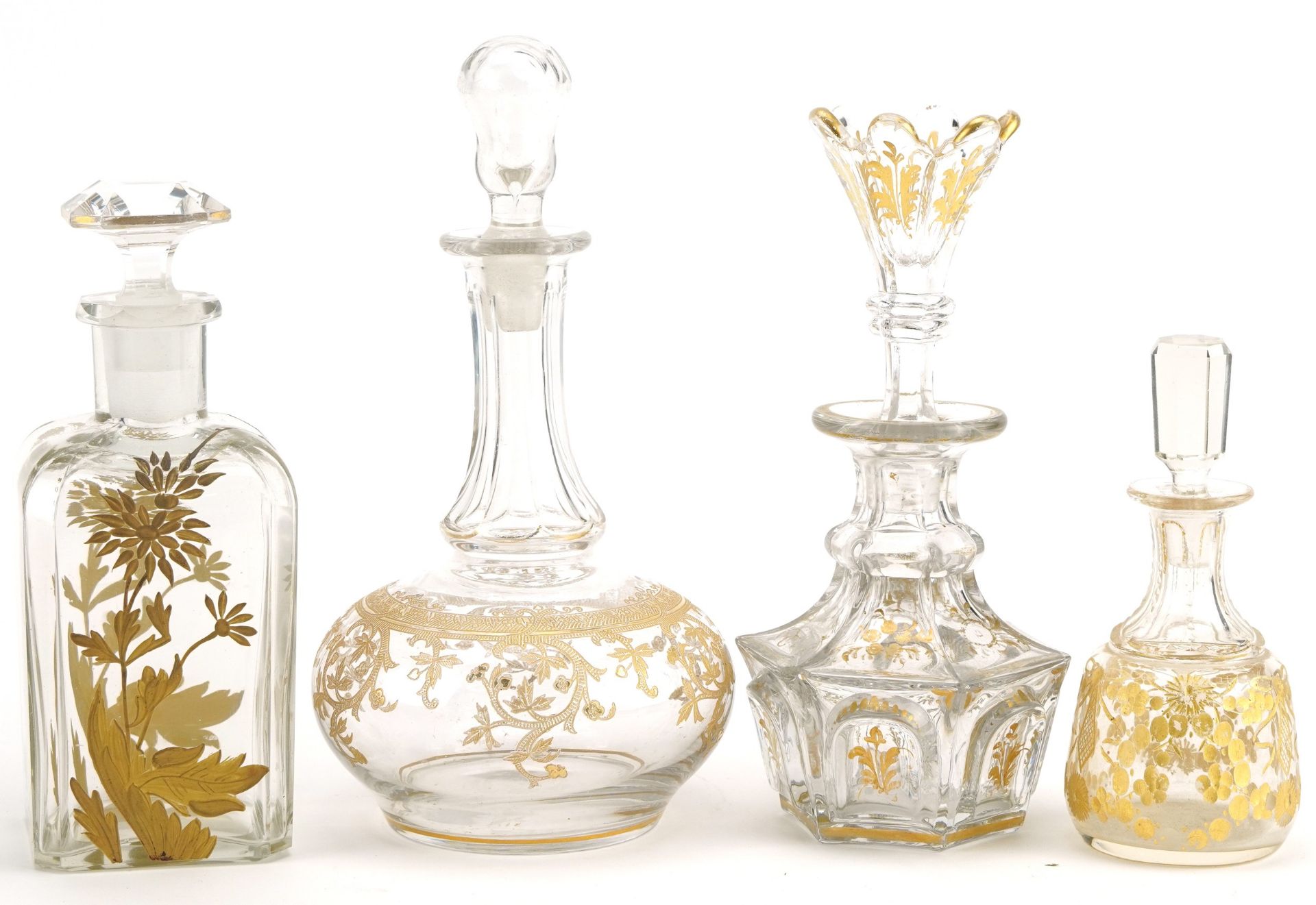 Four 19th century French glass decanters with gilt decoration, the largest 17.5cm high - Bild 2 aus 3