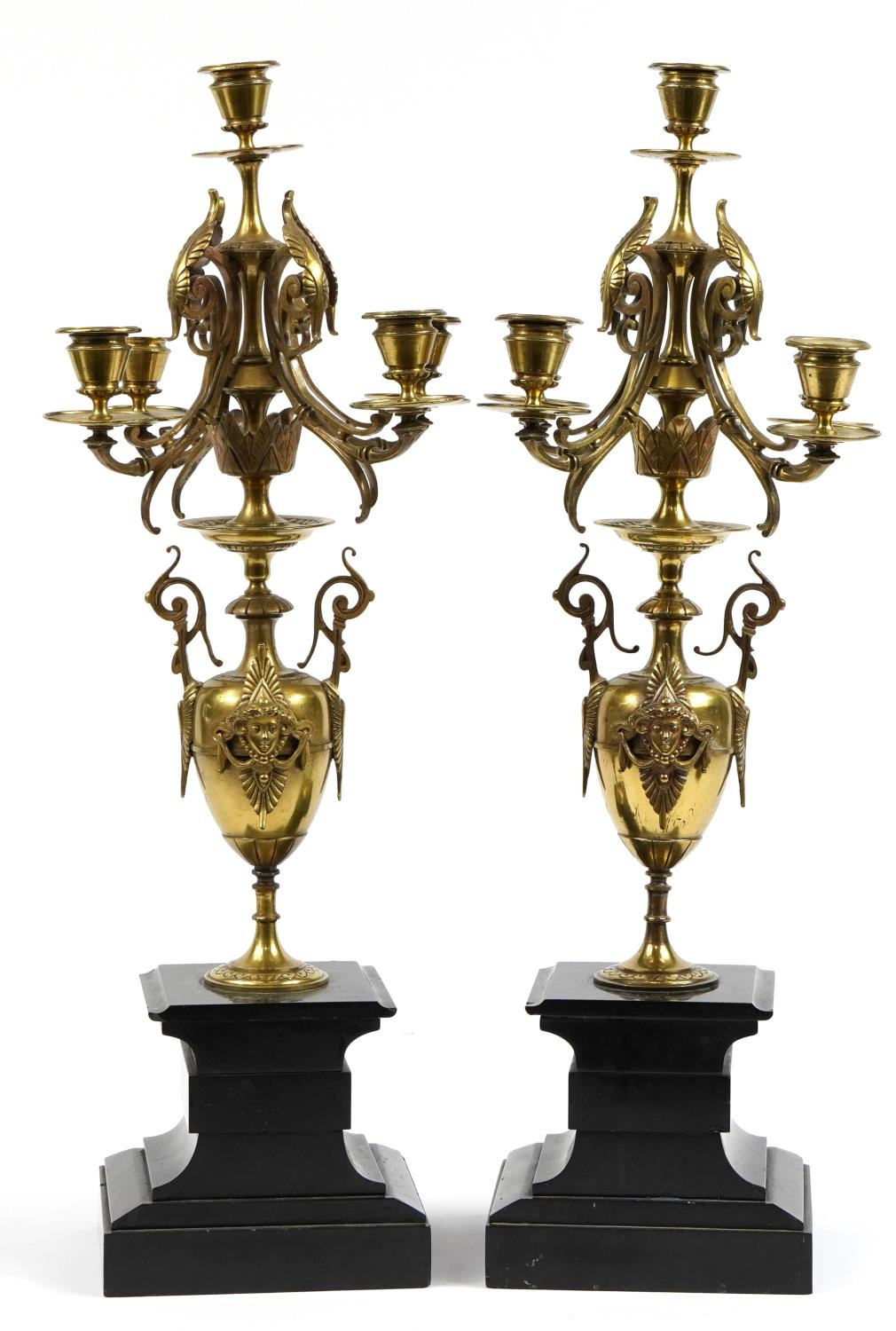 Pair of 19th century bronzed five branch candelabras raised of black slate bases, each 62cm high - Image 3 of 4