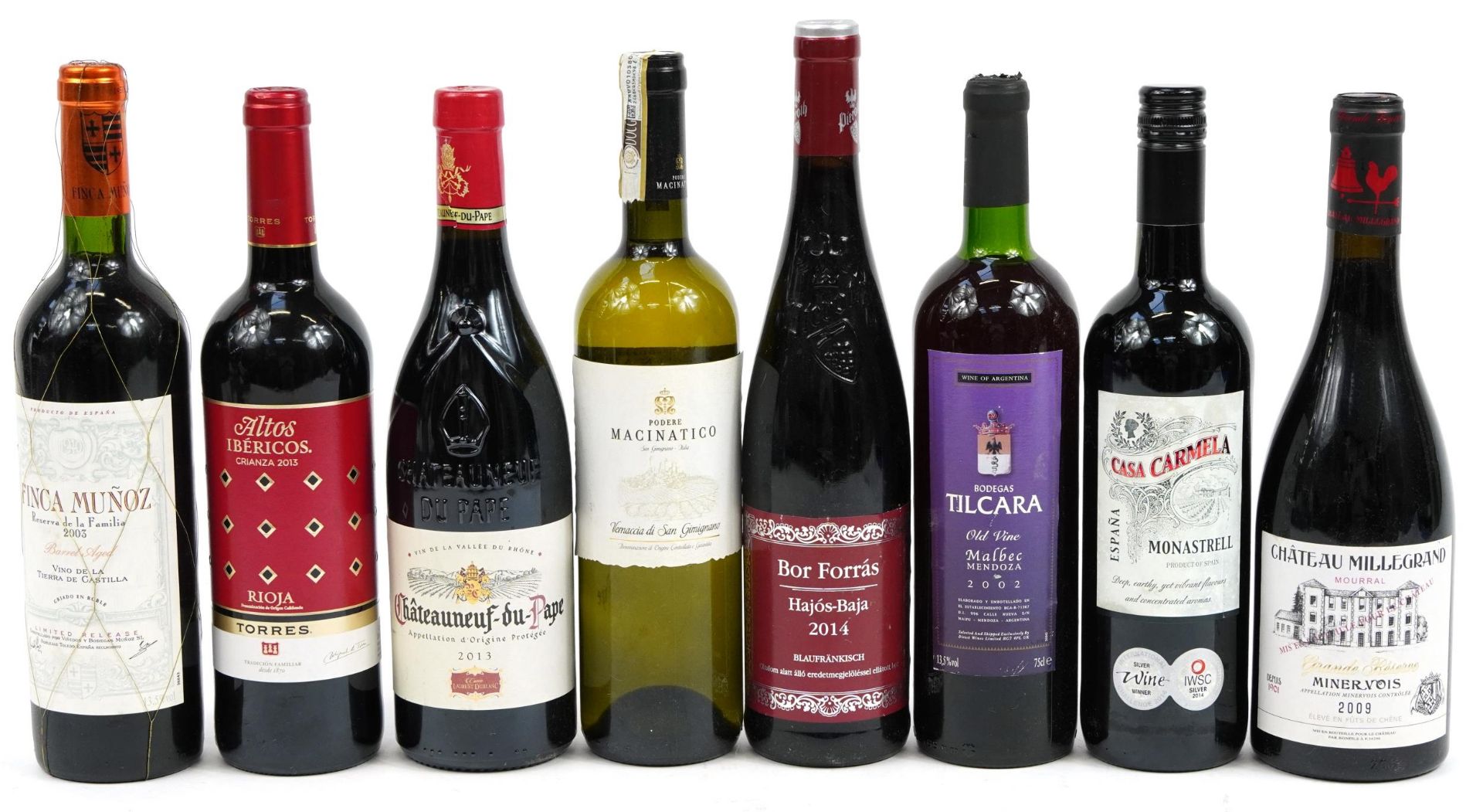 Seven bottles of wine including 2009 Chateau Millegrand Minervios, 2013 Chateau Neuf du Pape and