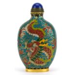 Chinese cloisonne snuff bottle with stopper enamelled with dragons, 8.5cm high