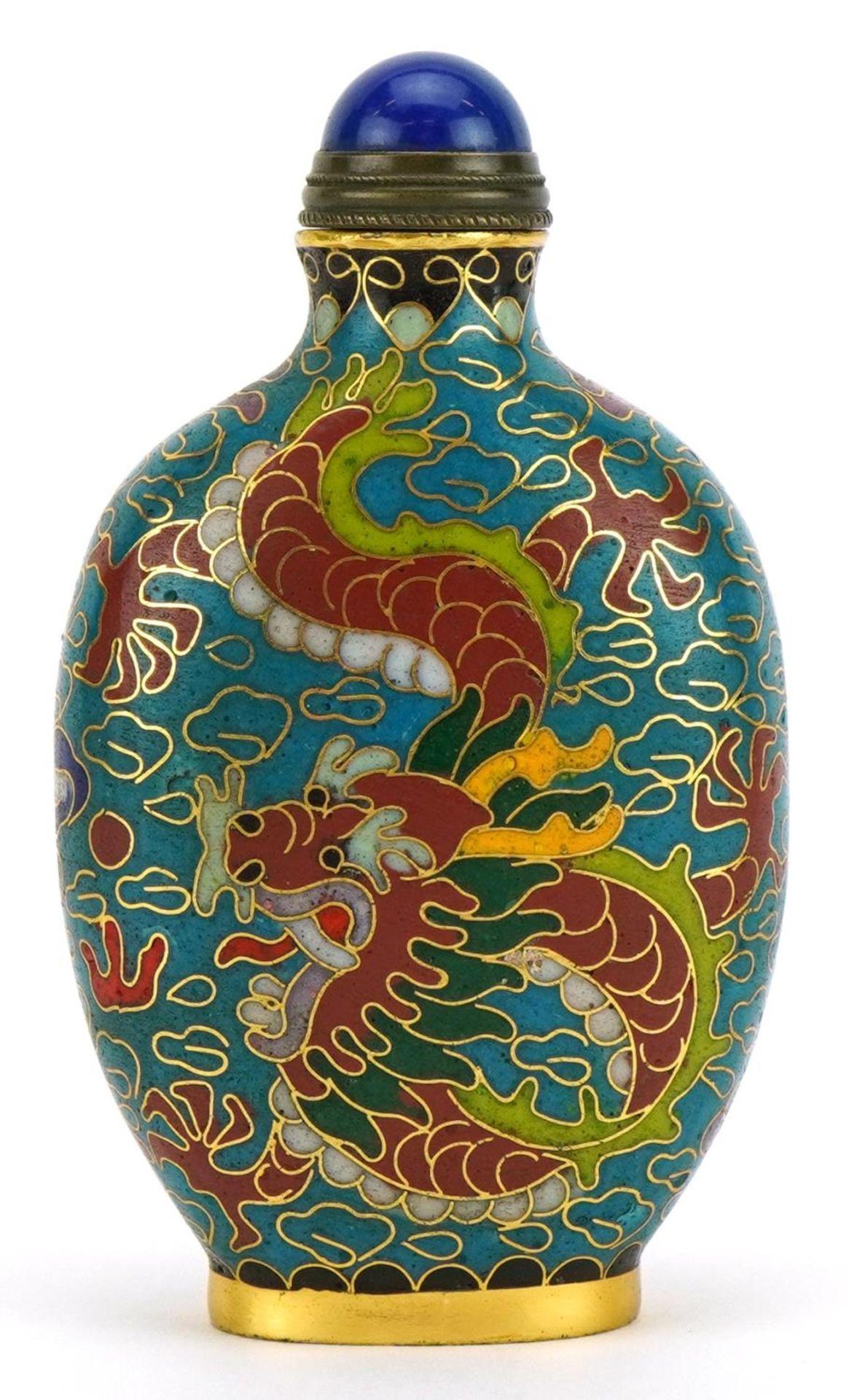 Chinese cloisonne snuff bottle with stopper enamelled with dragons, 8.5cm high