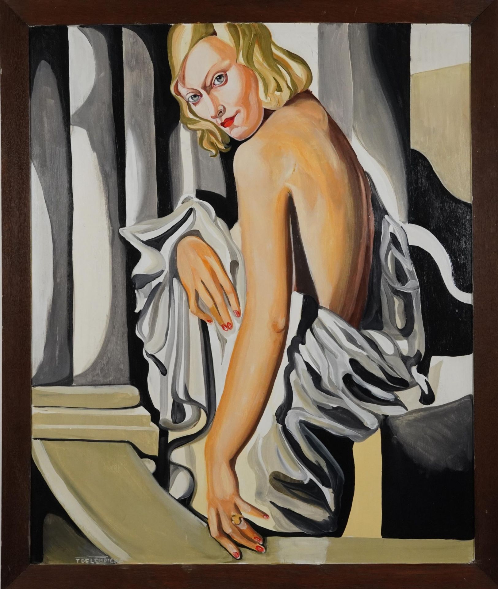 Manner of Tamara de Lempicka - Portrait of semi nude female, Polish school oil on board, framed, - Bild 2 aus 4