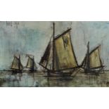 After Bernard Buffet - Boats on water, vintage print in colour, framed, 85cm x 53cm excluding the