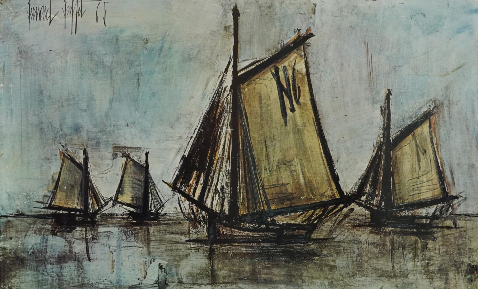After Bernard Buffet - Boats on water, vintage print in colour, framed, 85cm x 53cm excluding the