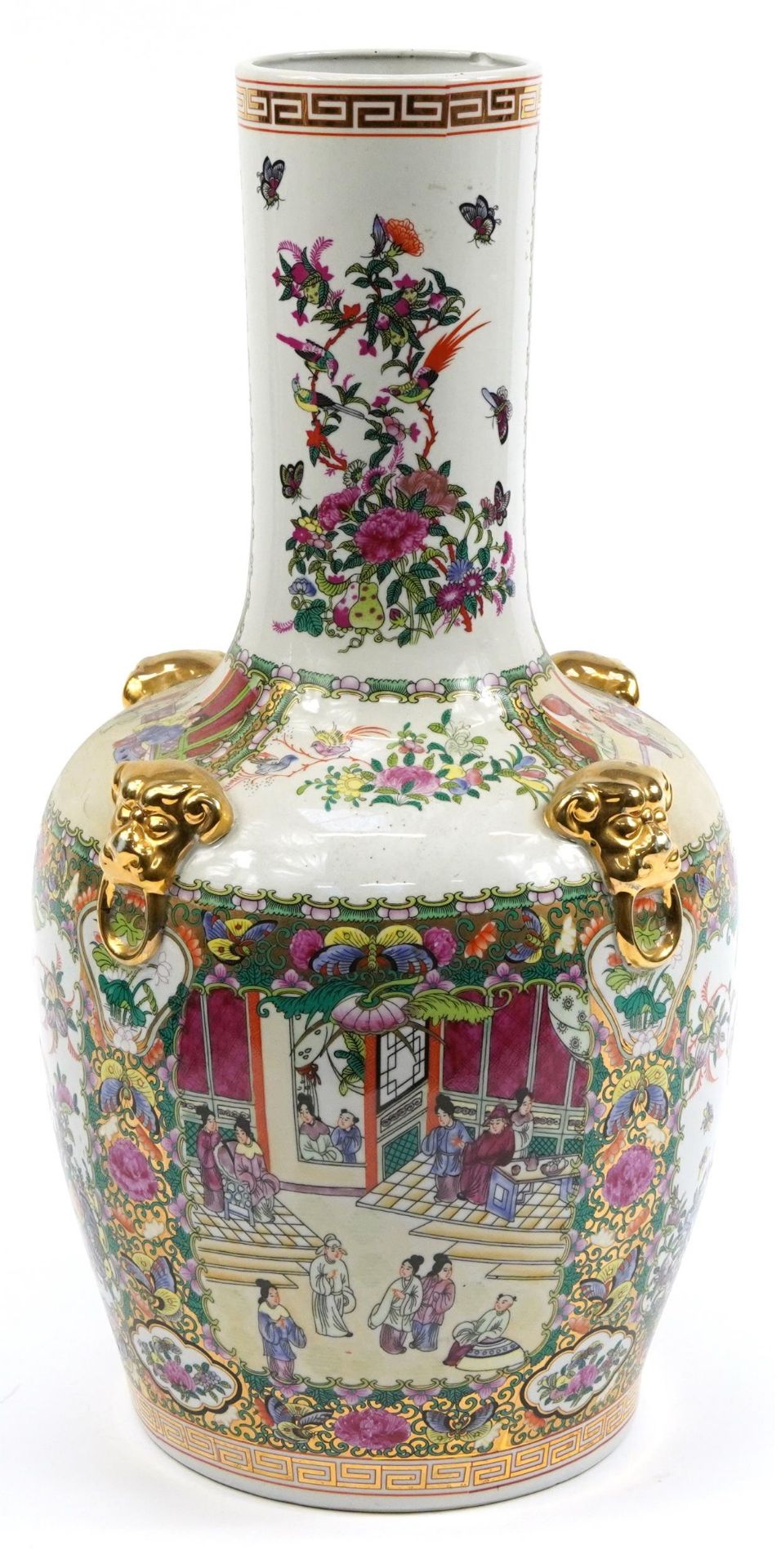 Large Chinese Canton porcelain vase with lion mask handles decorated with figures and birds of - Image 2 of 3