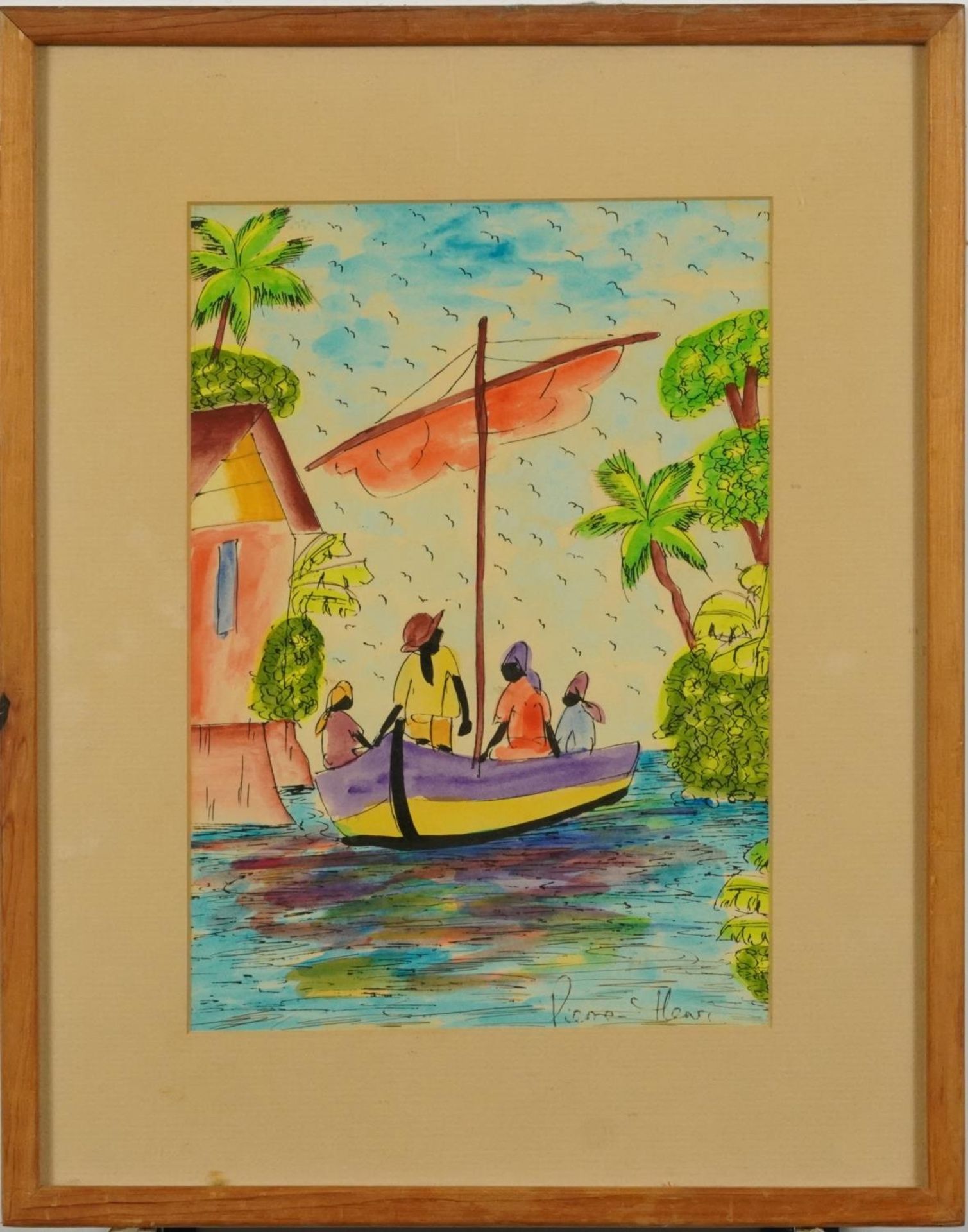 Figures carrying fruit and figures in a boat, pair of African school ink and watercolours, one - Image 7 of 9